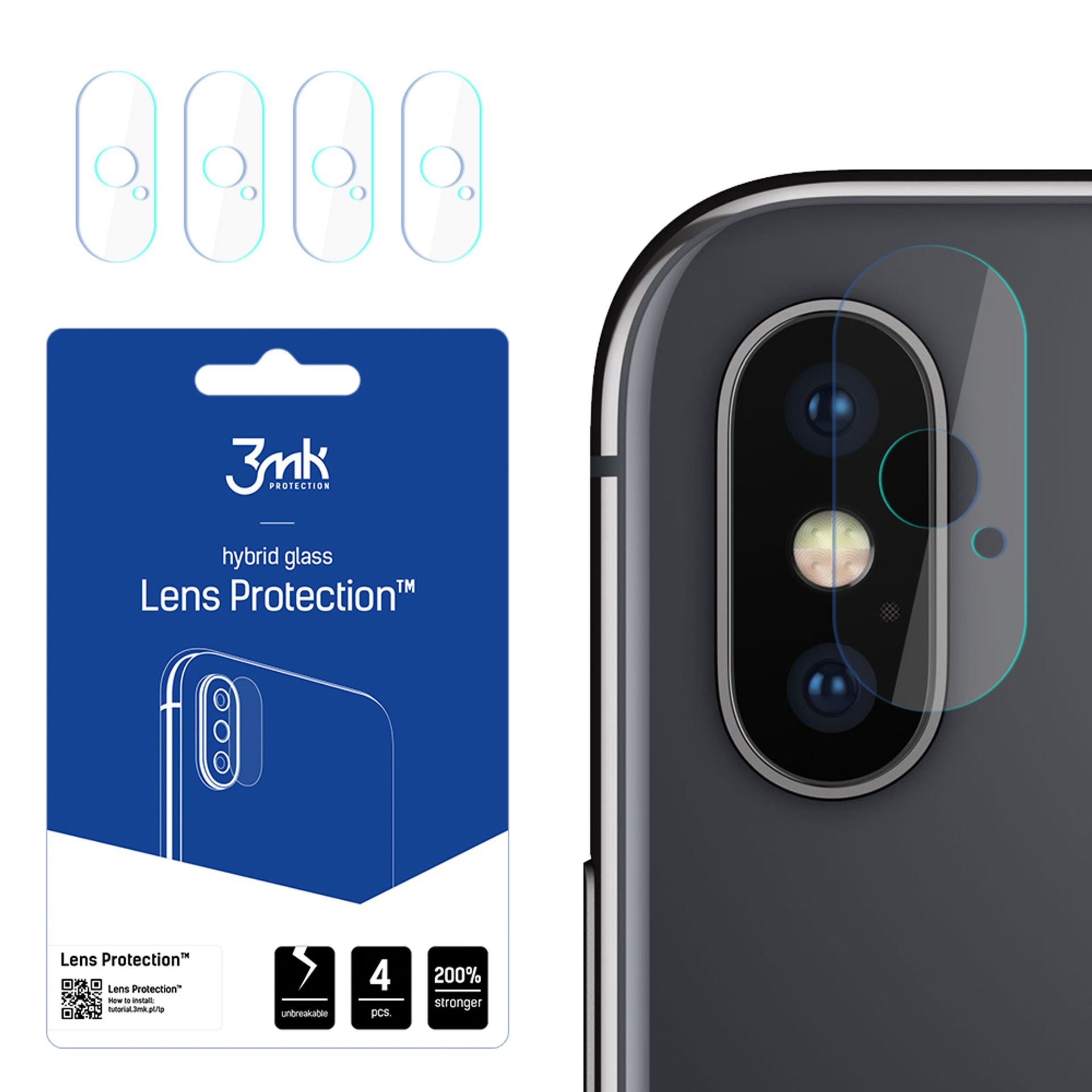 Un telefono grigio con protezioni per l'obiettivo su uno sfondo bianco, accanto a una confezione blu di protezioni per l'obiettivo.