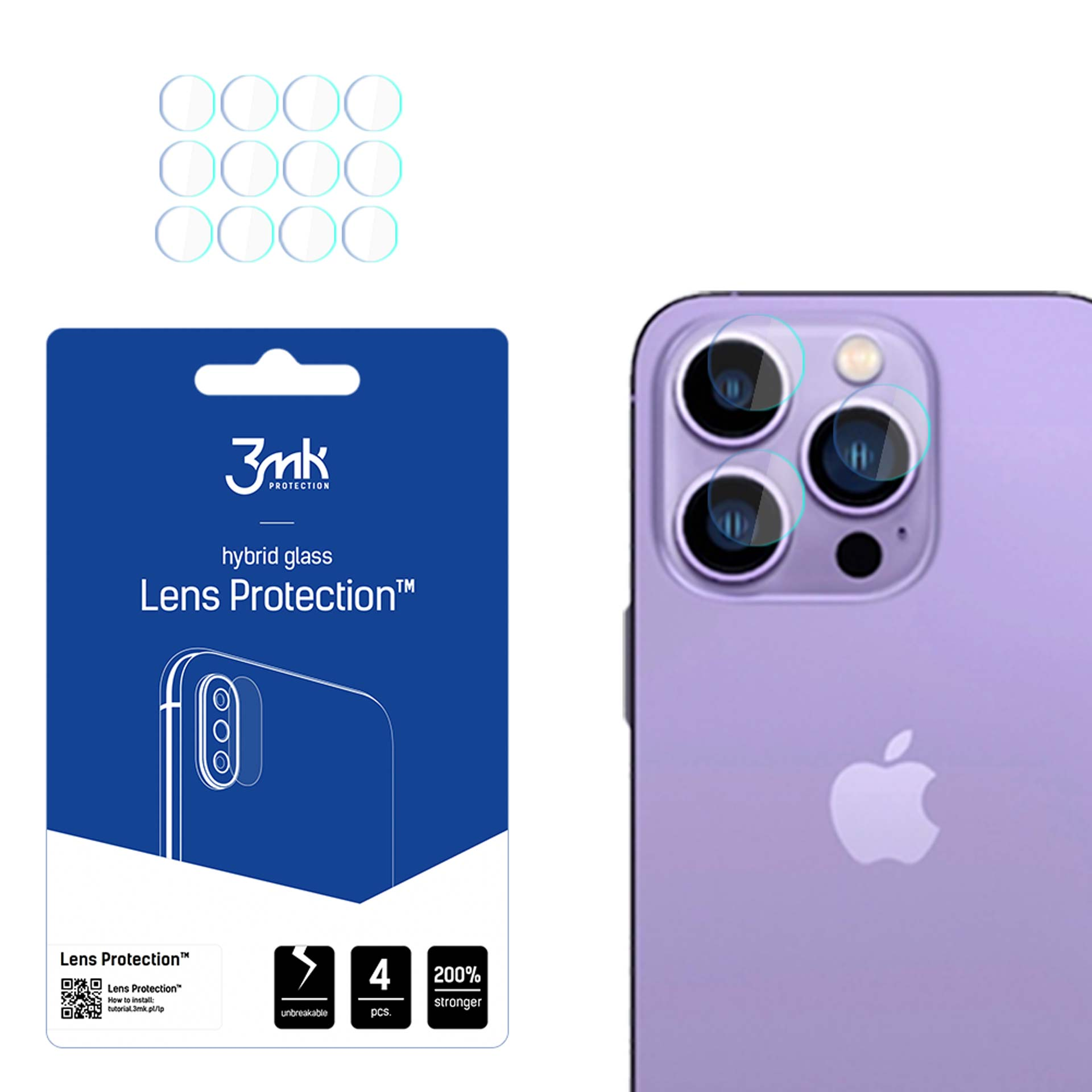 Un telefono viola con protezioni per l'obiettivo su uno sfondo bianco, accanto a una confezione blu di protezioni per l'obiettivo.
