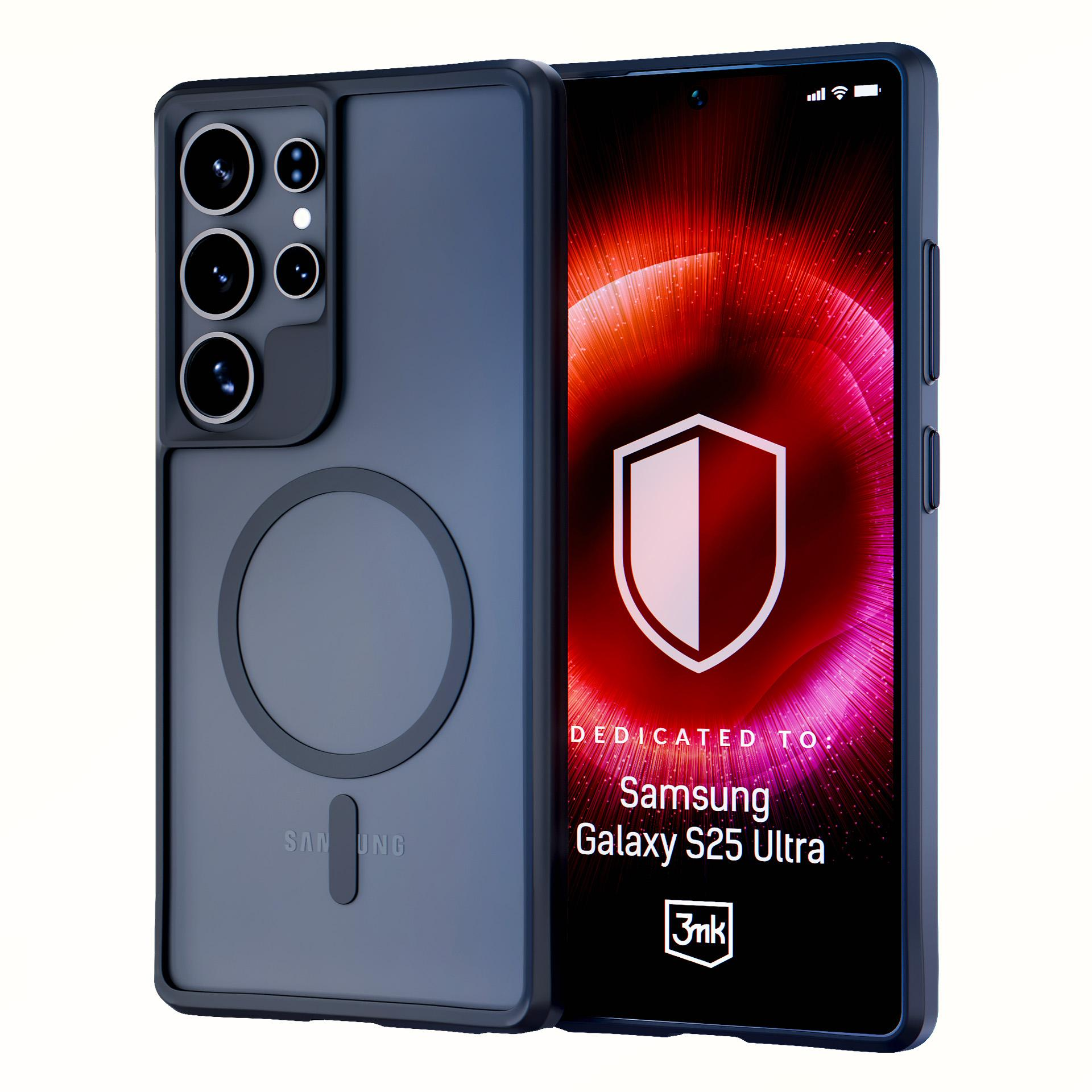 Granatowe etui na telefon Samsung S23 Ultra, prezentujące grafikę tarczy, szczegóły marki i konstrukcję aparatu.