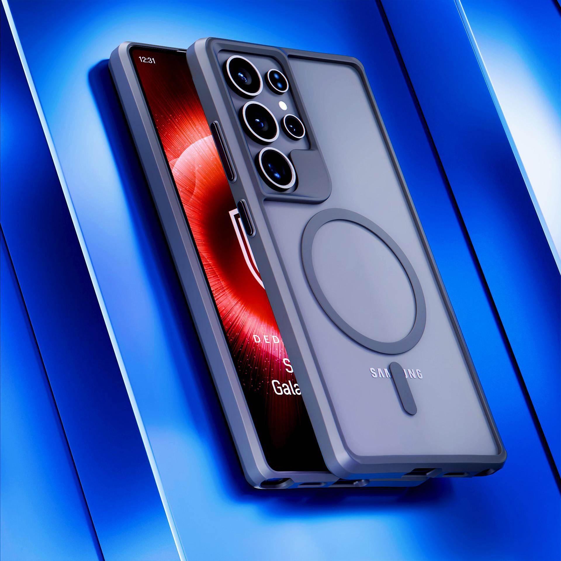 Telefon Samsung w szarym etui, z grafiką tarczy, detalami marki i konstrukcją aparatu na niebieskiej powierzchni.