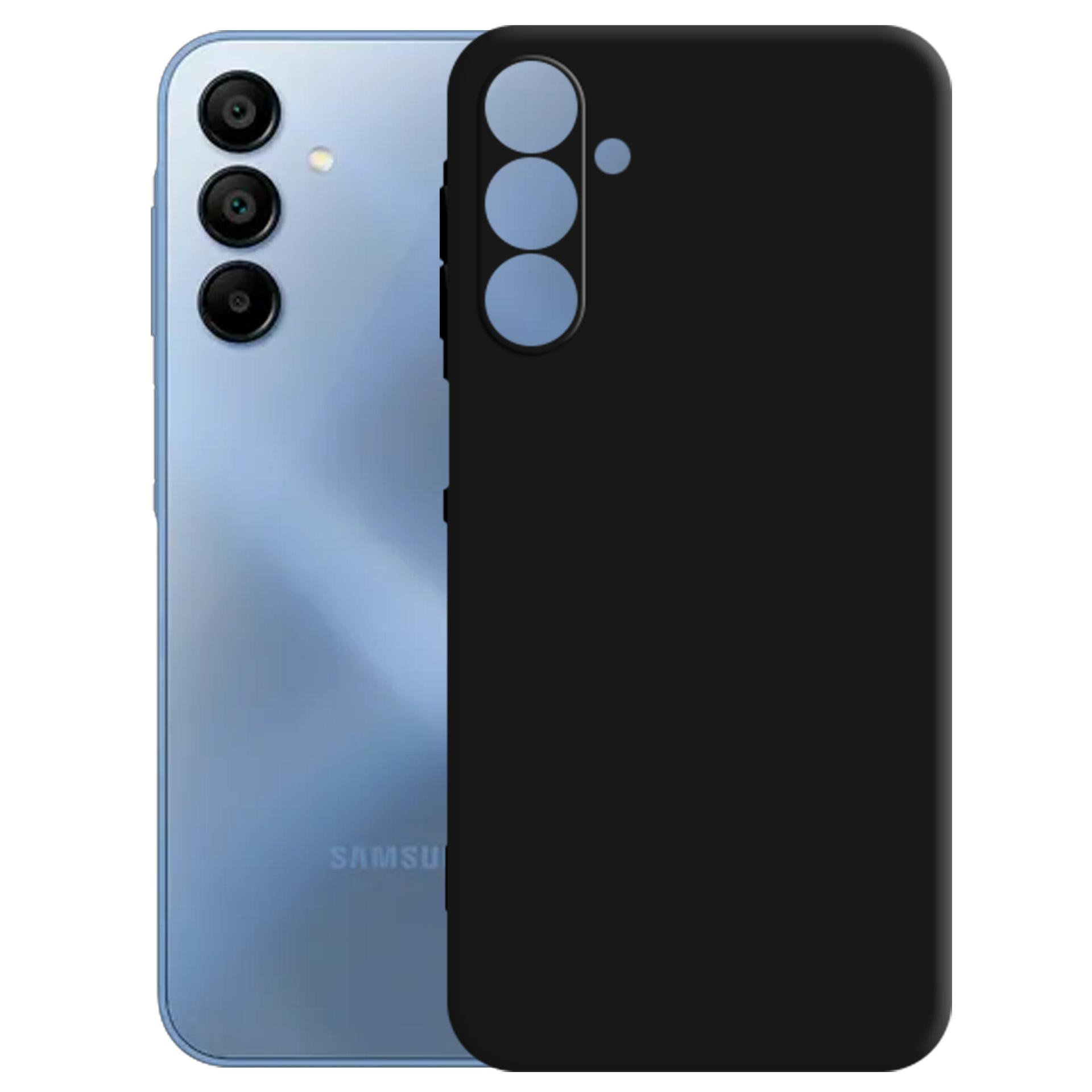 Niebieski telefon z czarnym etui. Etui zakrywa tył. Tło jest białe.