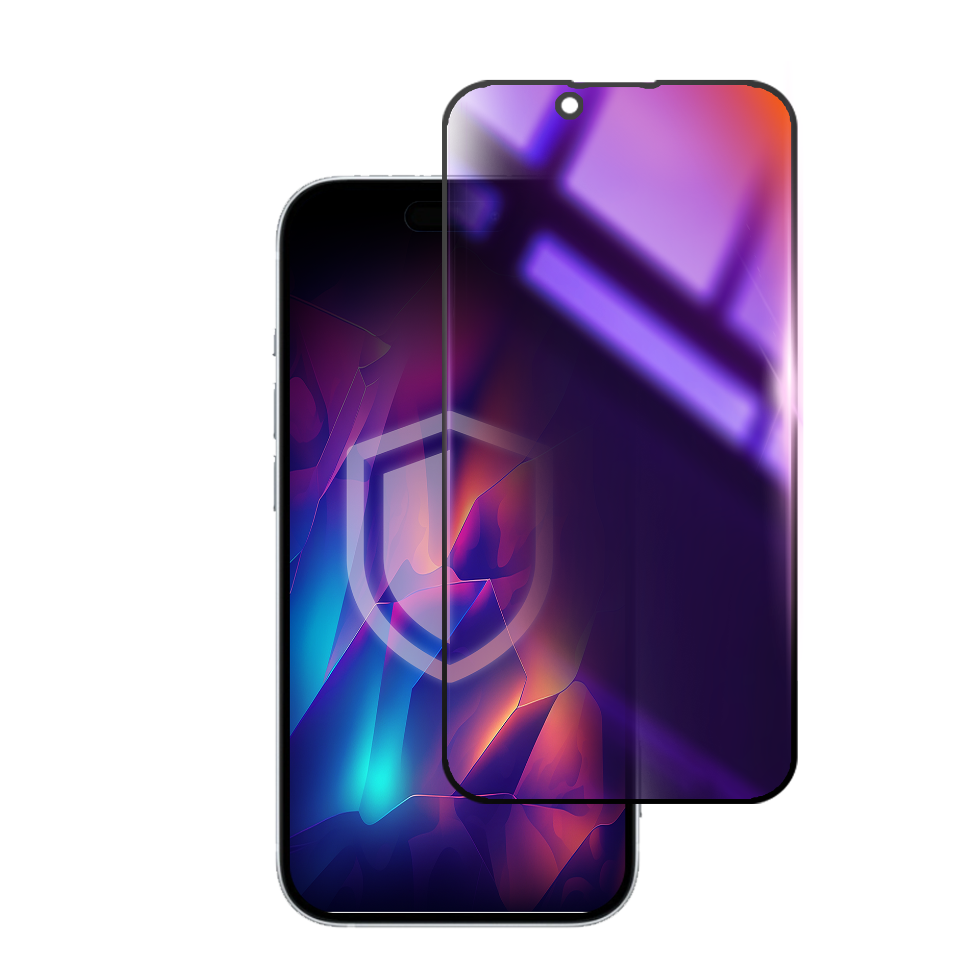 Un telefono e una protezione per lo schermo, con un filtro per la privacy su uno schermo colorato.