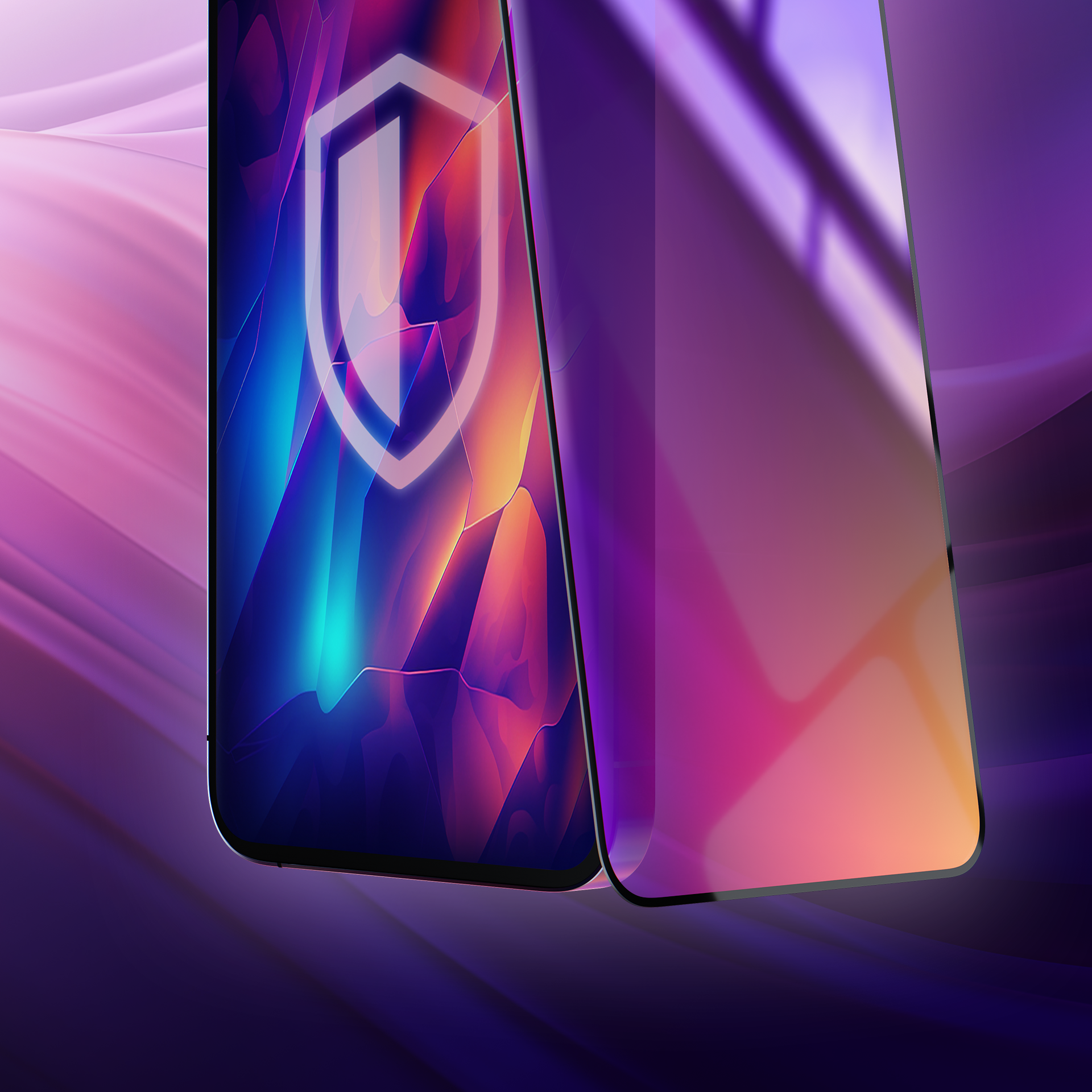 Vengono visualizzati uno schermo del telefono e una protezione per lo schermo. La protezione ha un design a scudo.