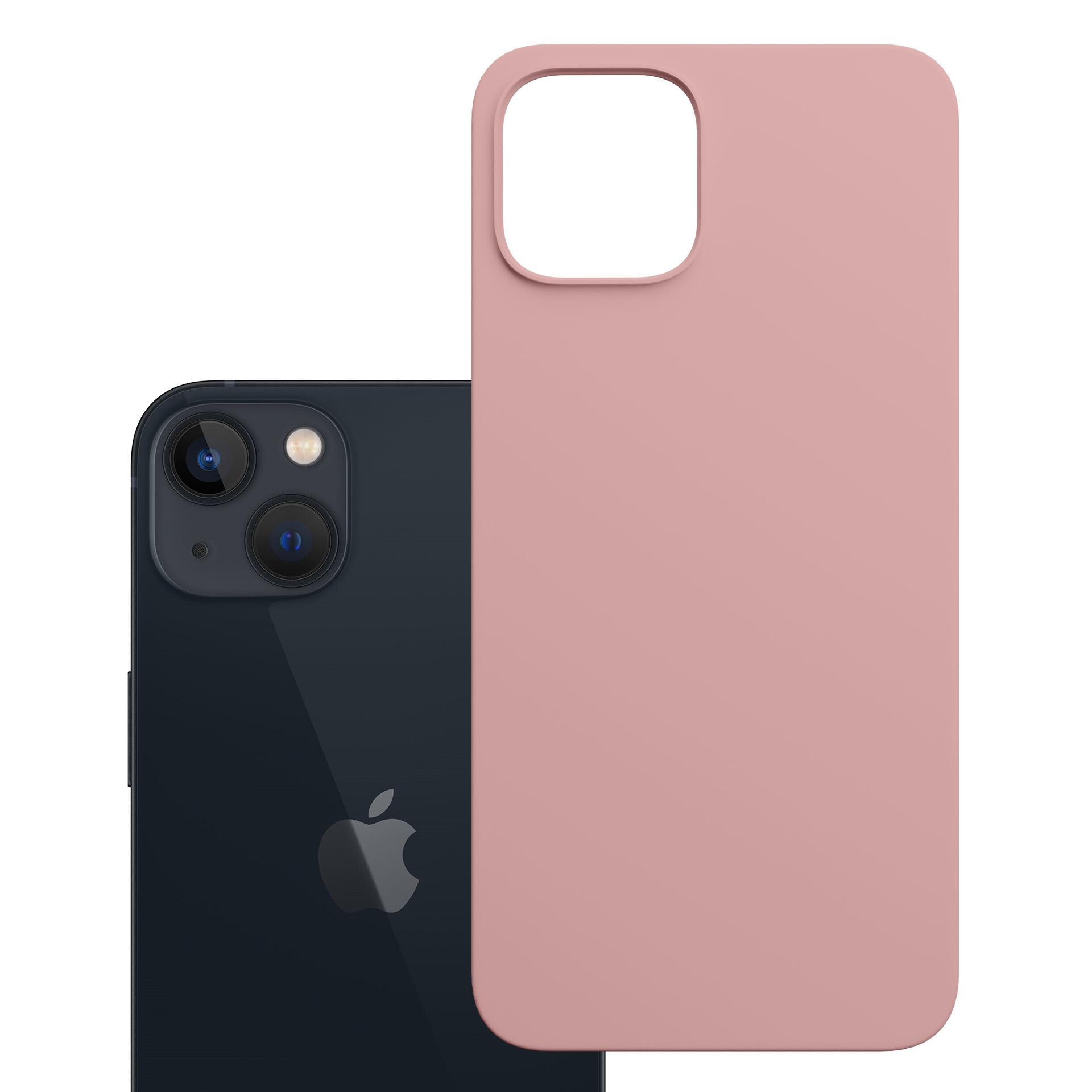 Różowe etui na telefon obok czarnego telefonu z logo Apple i dwoma kamerami.