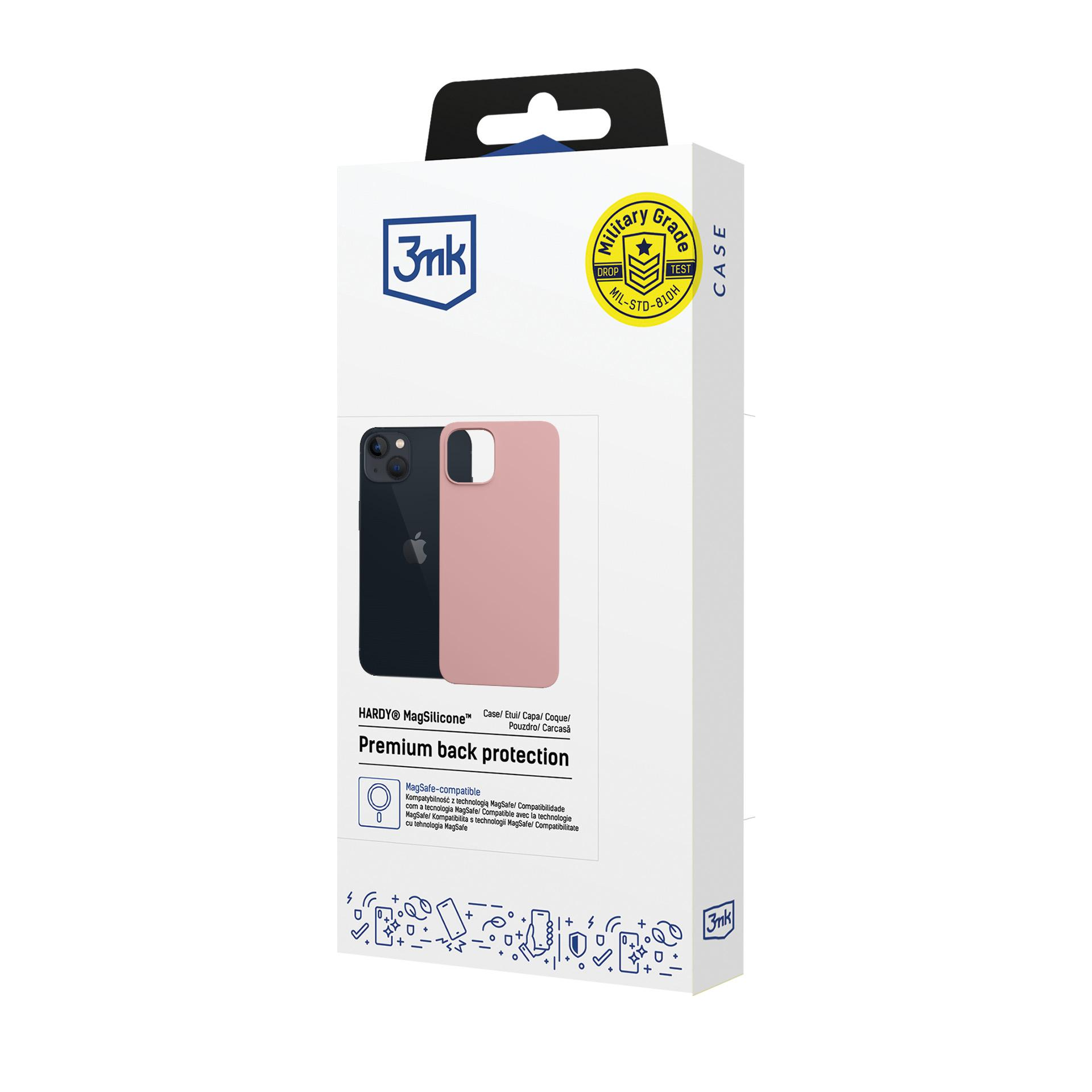 Białe pudełko z czarno-różowym etui na telefon i szczegółami produktu.