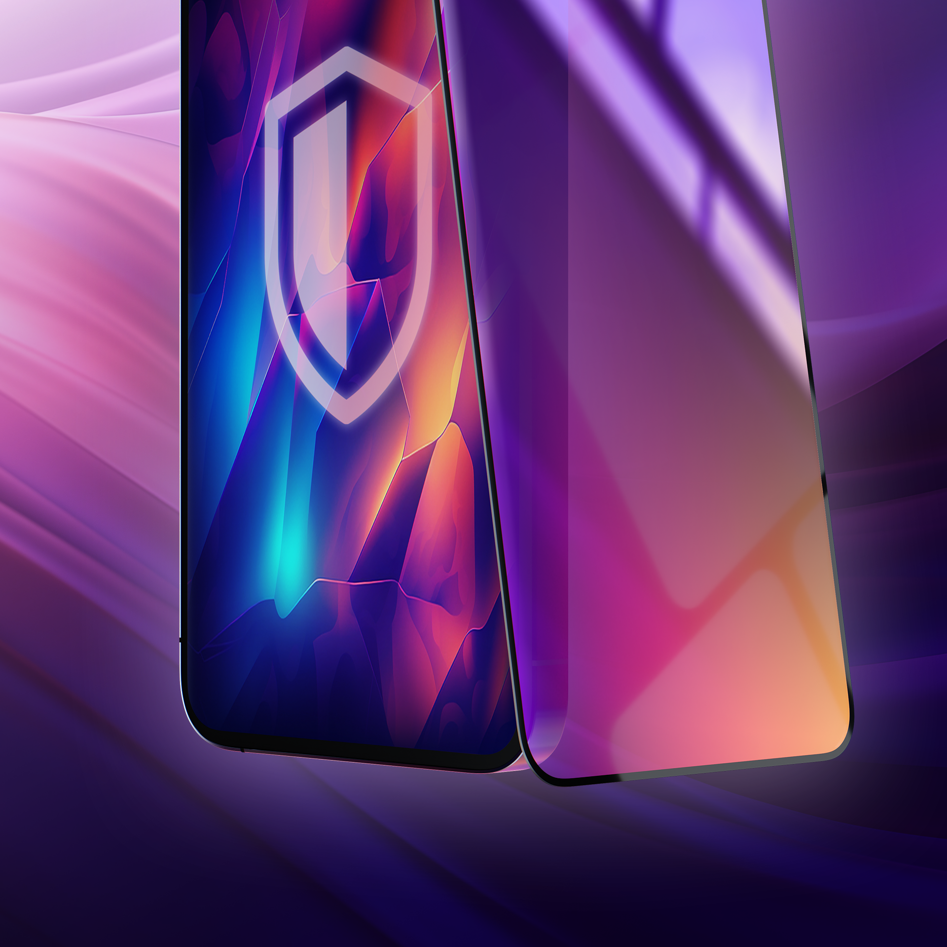 Primo piano di una protezione per lo schermo del telefono che mostra colori vivaci e un'icona a scudo.
