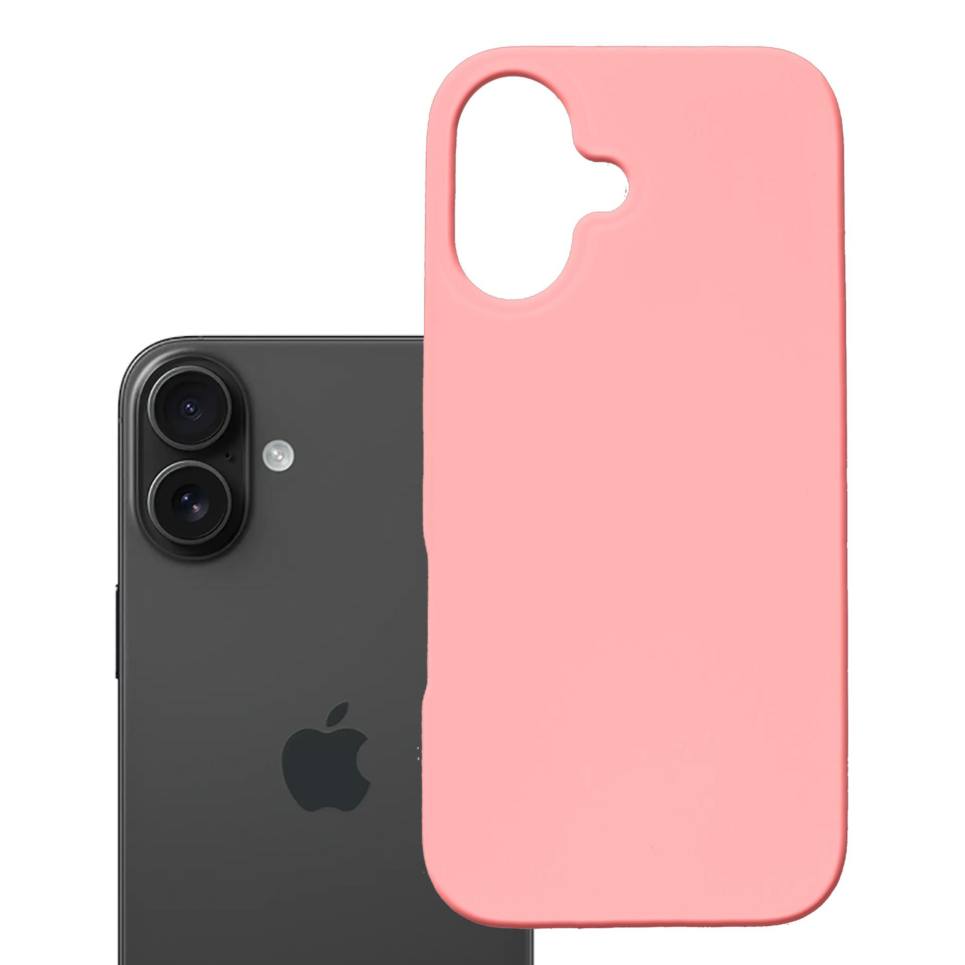Różowe etui na telefon obok szarego telefonu, oba na białym tle.