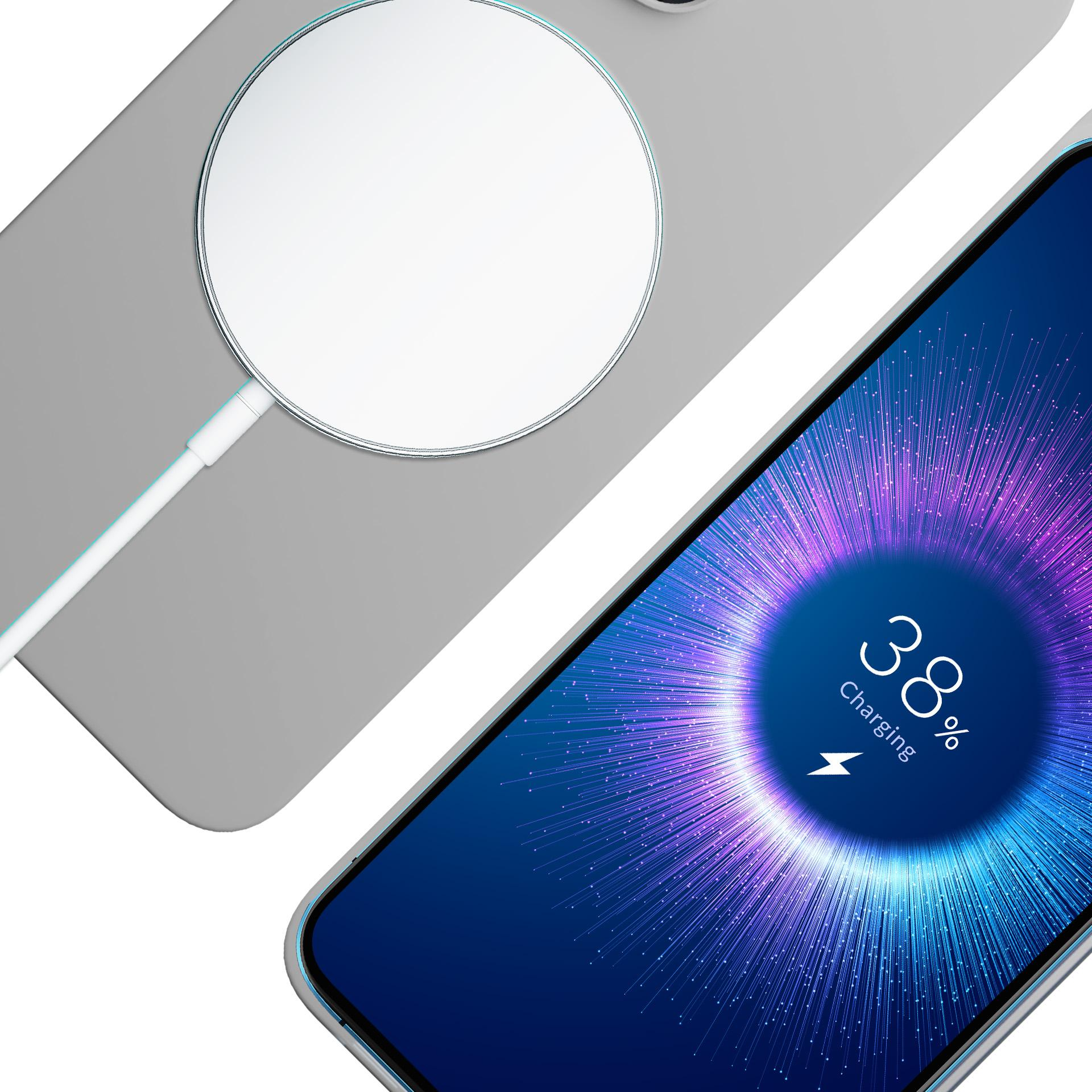 Telefon ładujący się na poziomie 38% z szarym etui i ładowarką bezprzewodową.