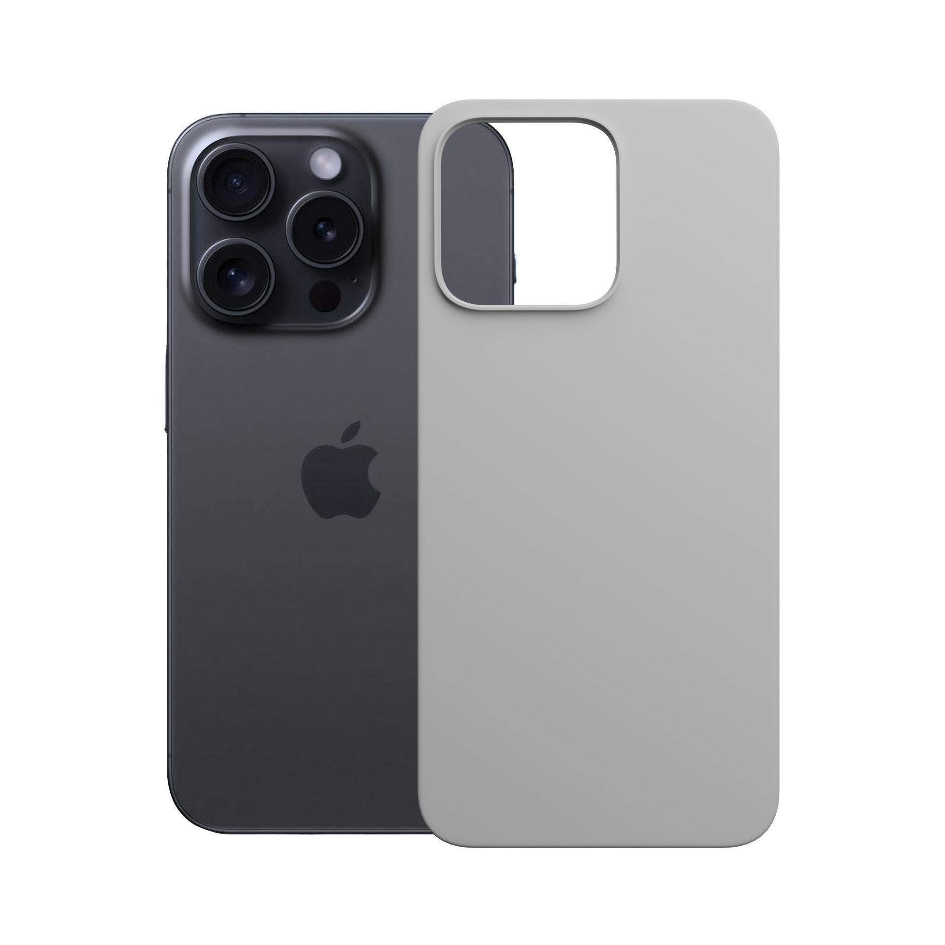 Szare etui na telefon obok szarego iPhone'a, oba na białym tle.