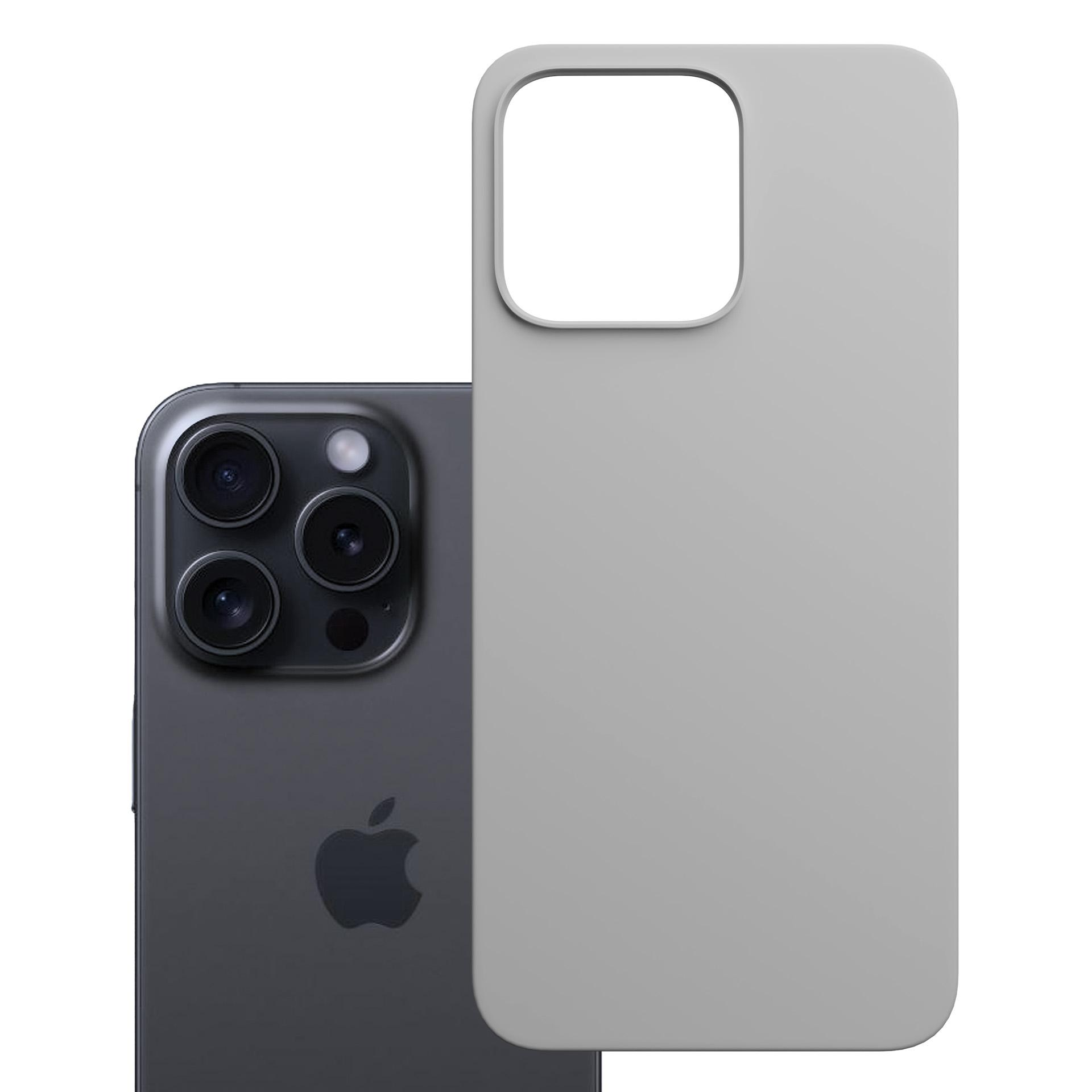 Szare etui na telefon obok szarego iPhone'a, oba na białym tle.