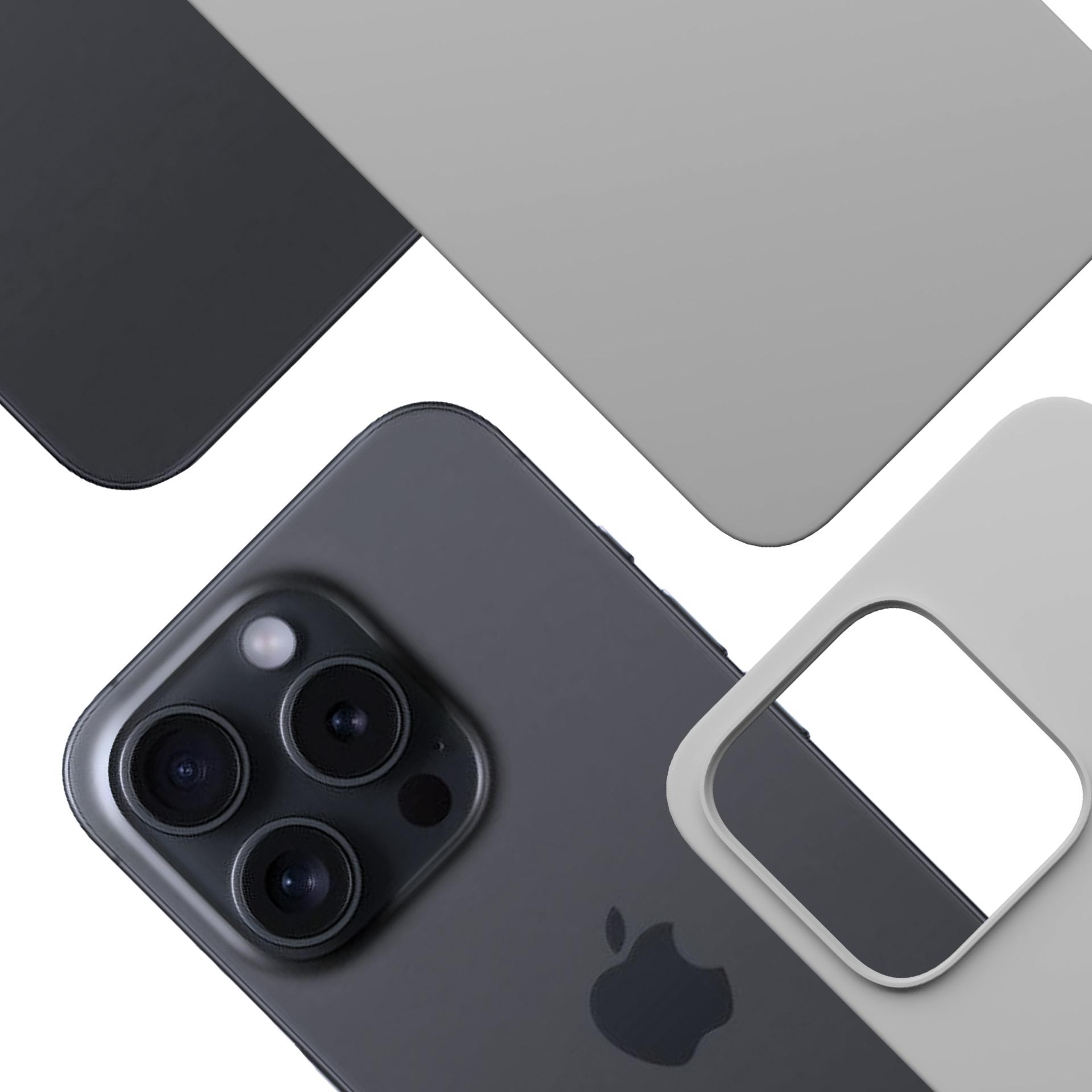Zbliżenie czarnego iPhone'a i etui. Etui są jasnoszare, ciemnoszare i białe z wycięciami na aparat.