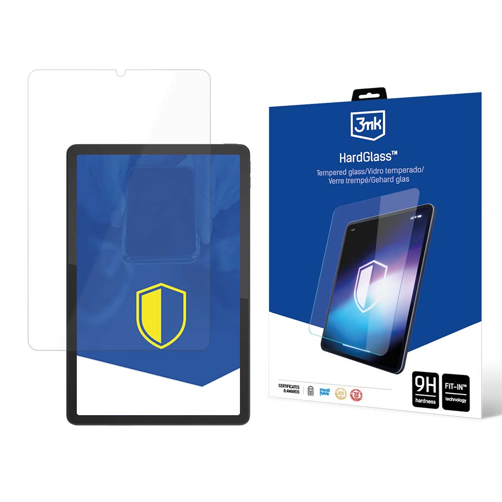 Protezione schermo per tablet e scatola. Il protettore è trasparente. La scatola mostra il protettore su un tablet.