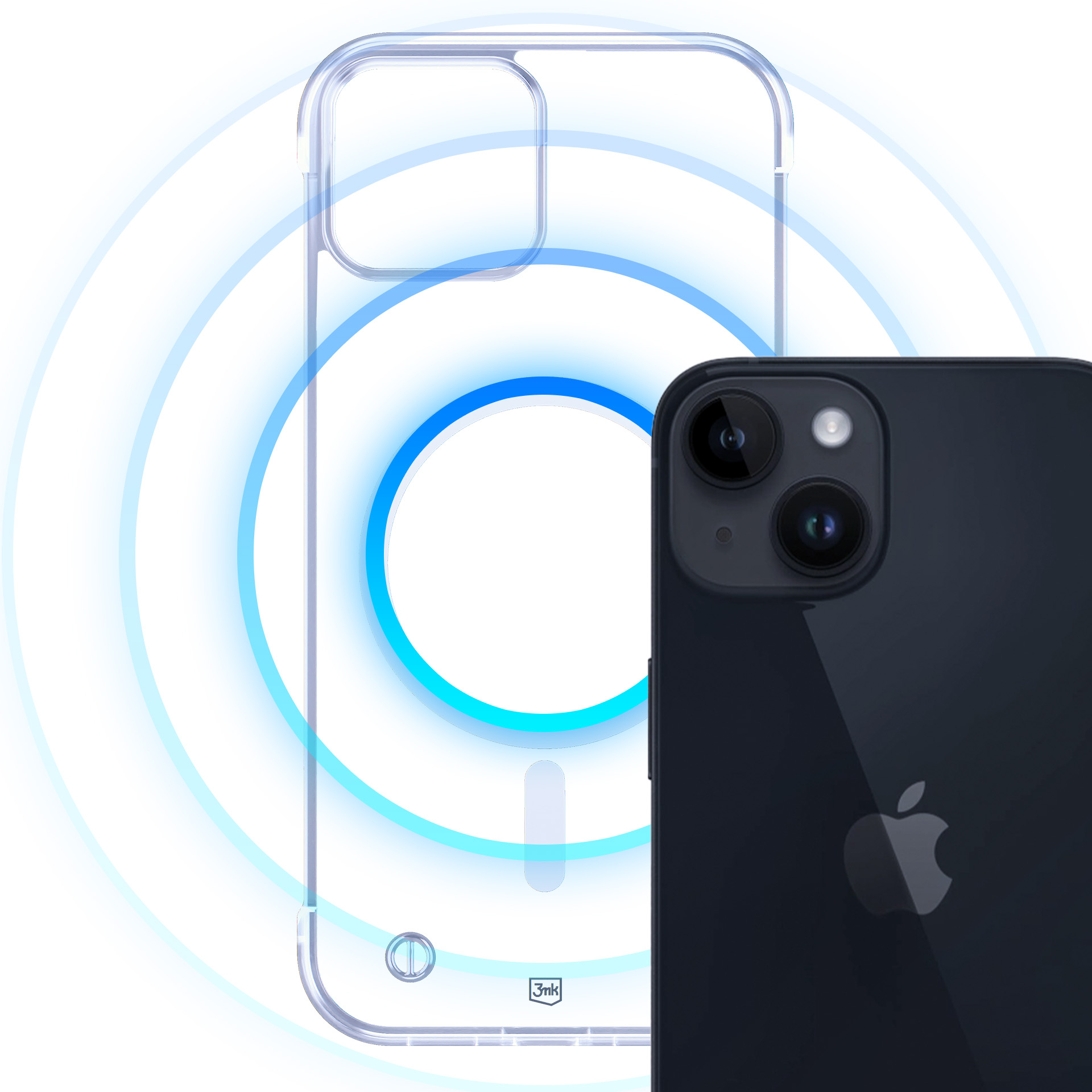 Etui na telefon i telefon. Etui jest przezroczyste, pokazując niebieskie koło. Telefon jest czarny.