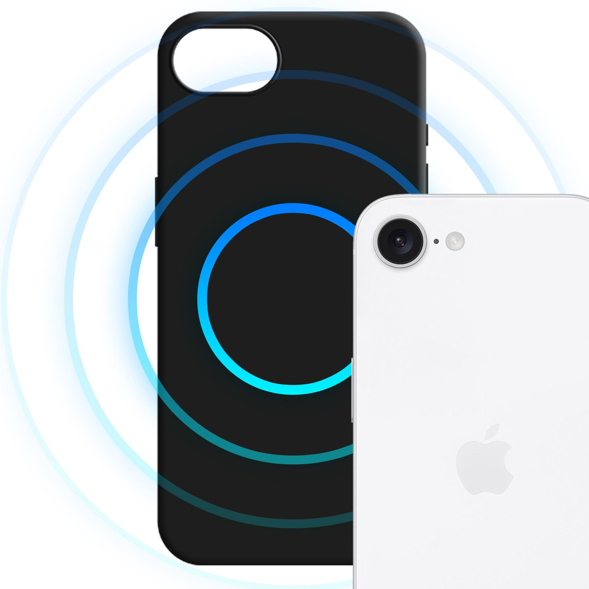 Etui na telefon i telefon. Etui jest czarne z niebieskimi liniami. Telefon jest biały.