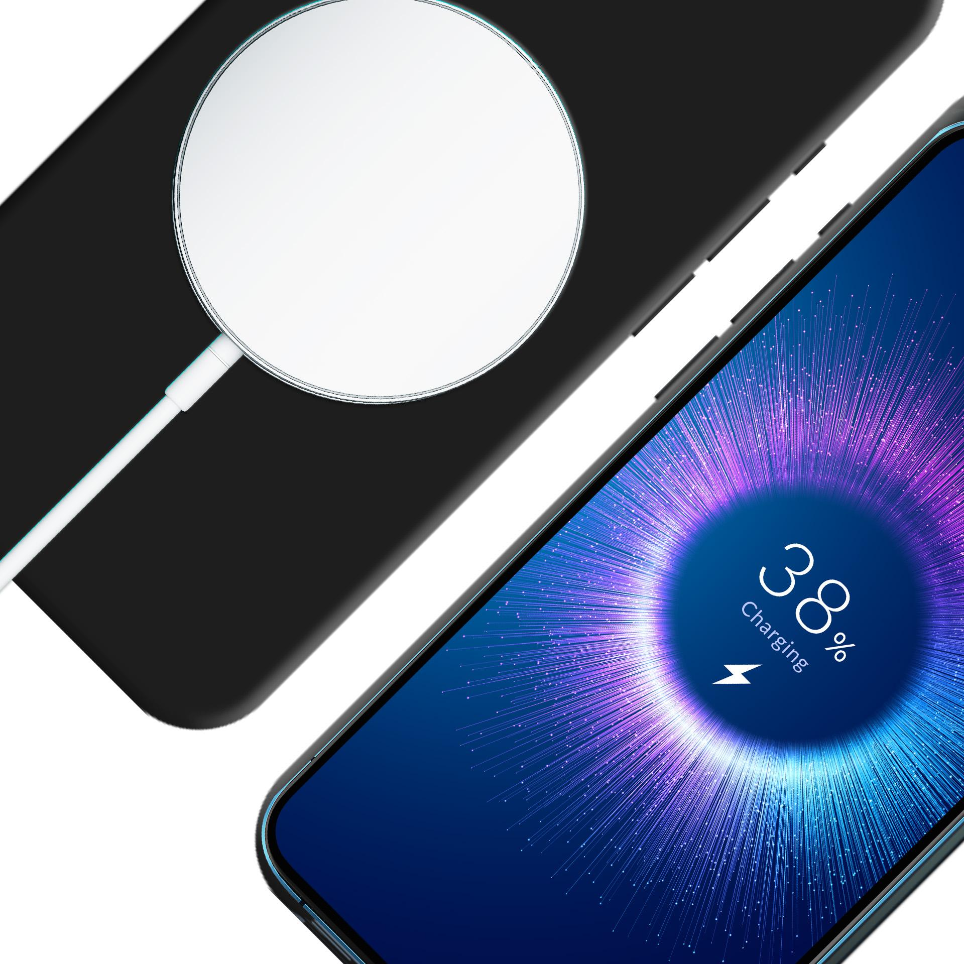 Czarny telefon ładuje się za pomocą ładowarki bezprzewodowej, wyświetlając 38% baterii na niebiesko-fioletowym ekranie.