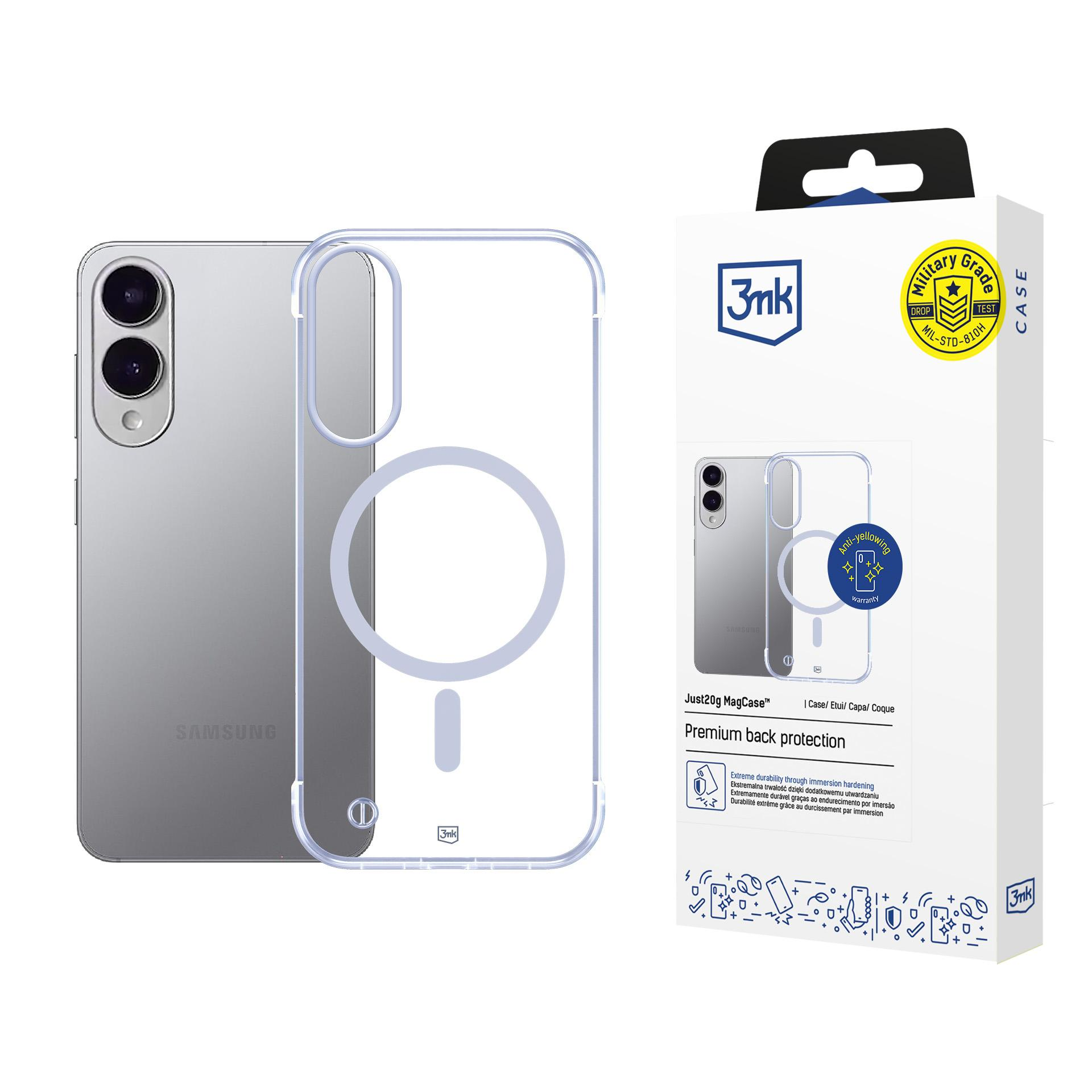 Telefon i przezroczyste etui z magnetycznym okrągłym wzorem, z pudełkiem po prawej stronie.