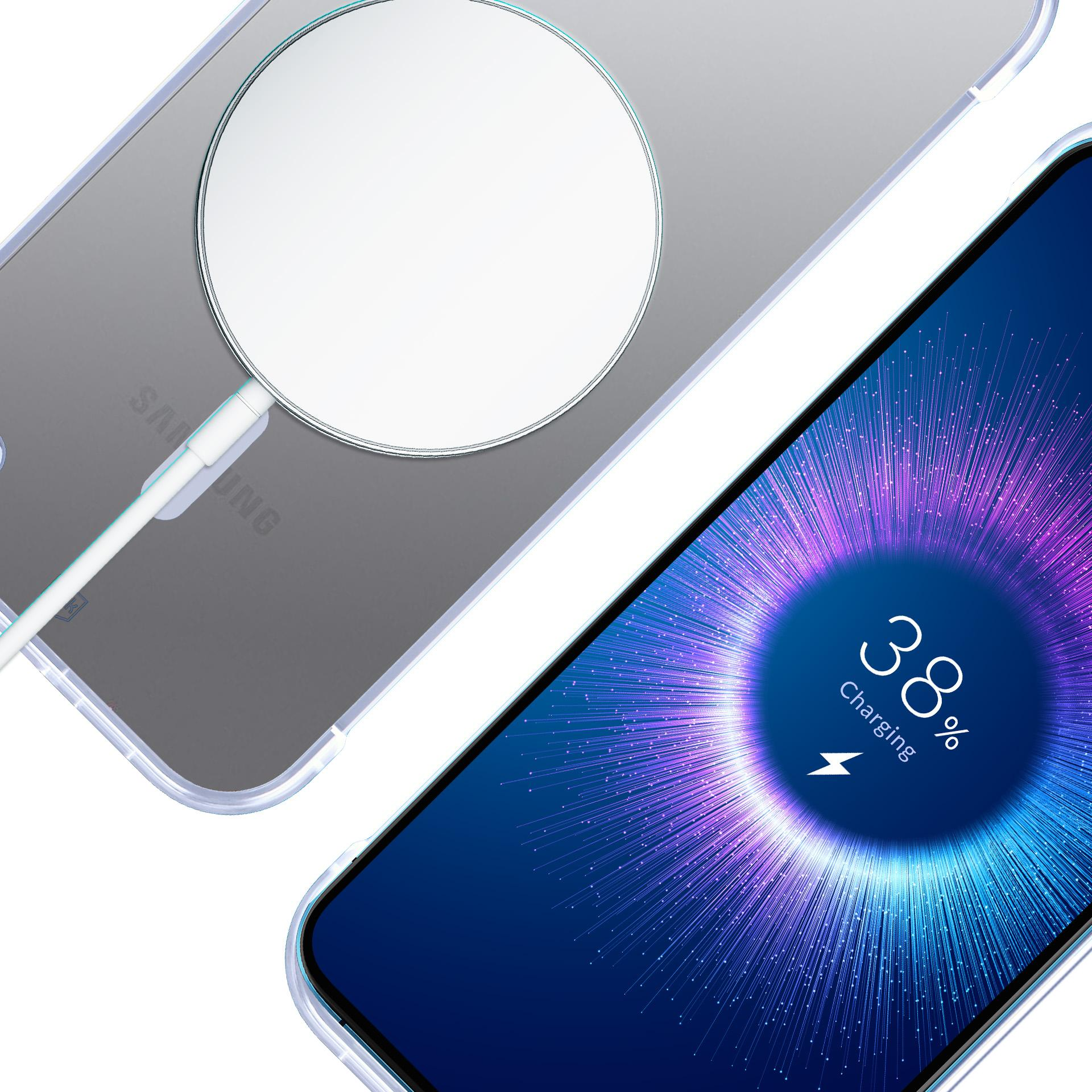 Telefon ładujący się bezprzewodowo. Ekran pokazuje 38% naładowania z symbolem ładowania.