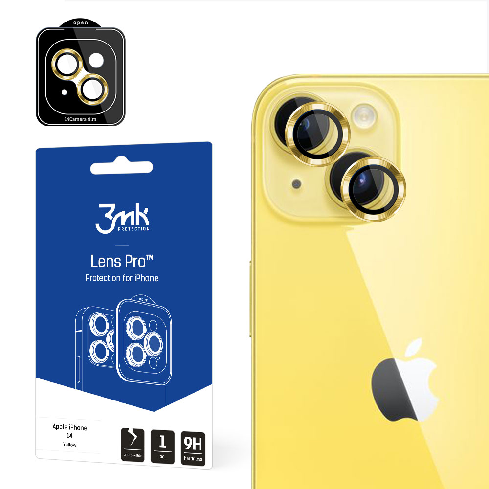 Żółty iPhone 14 z osłonami obiektywu. Opakowanie pokazuje szczegóły osłony obiektywu.