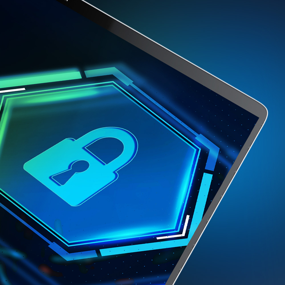 Schermo del tablet che visualizza un'icona a forma di lucchetto blu ad angolo.