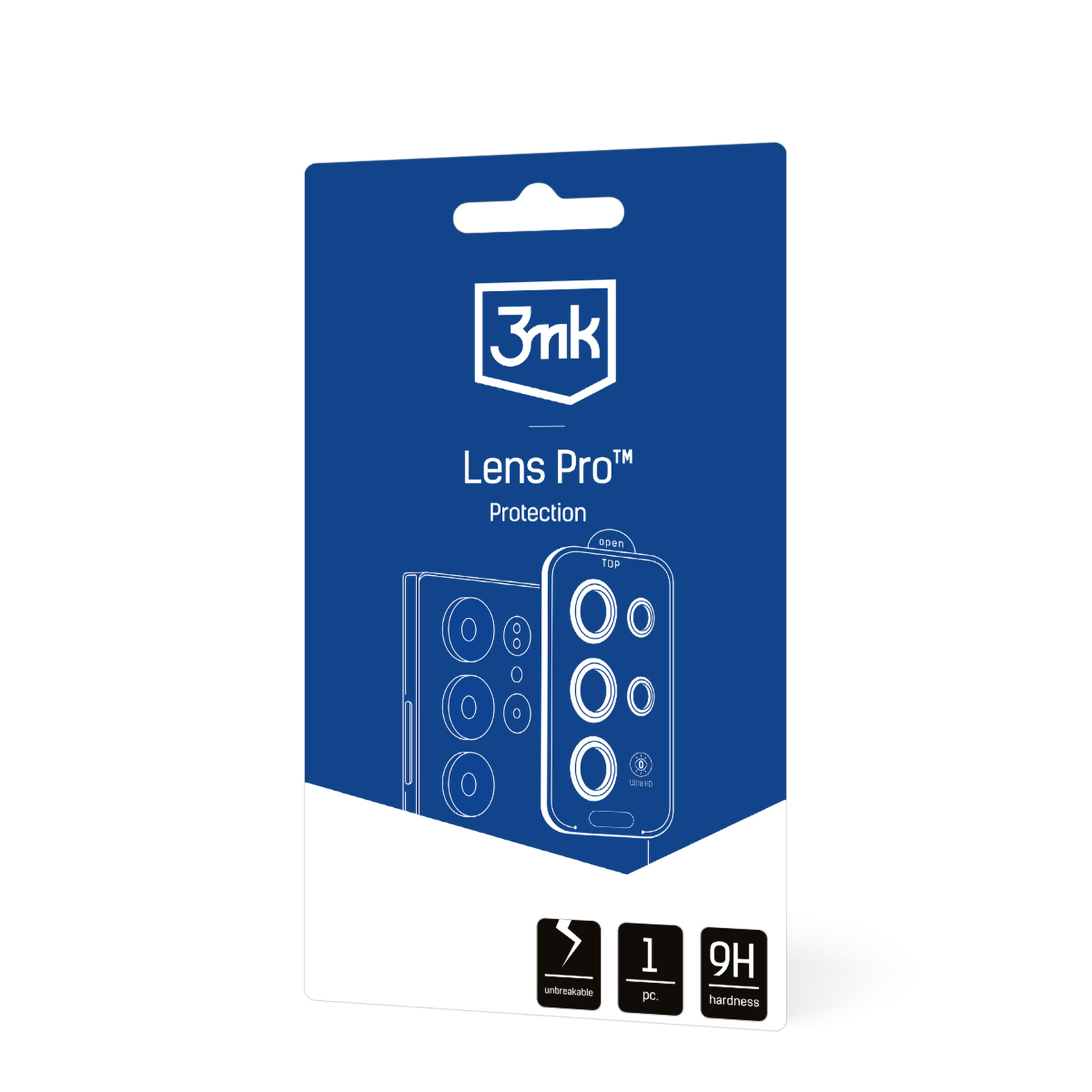Una confezione blu mostra la protezione per fotocamera 3mk Lens Pro. Evidenzia le caratteristiche infrangibile, 1 pz e durezza 9H.