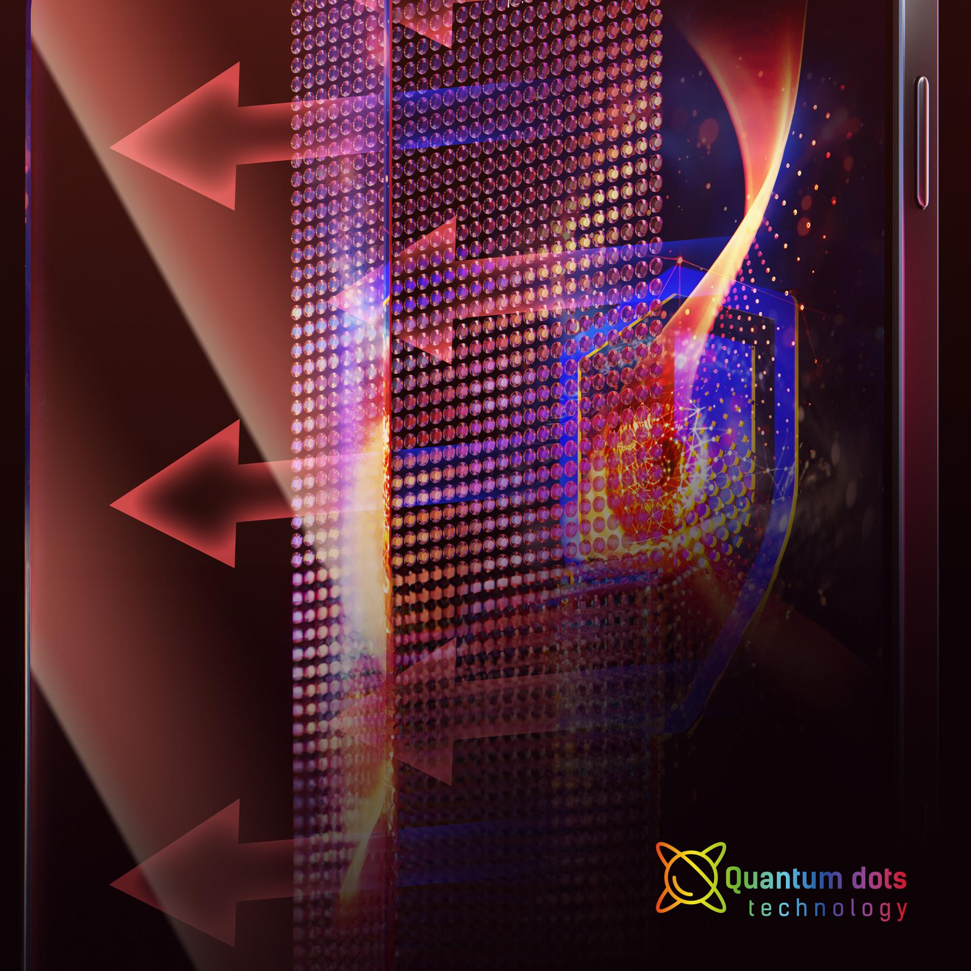 L'immagine presenta un display tecnologico con frecce rosse e il logo 'Quantum dots technology' nell'angolo inferiore destro.