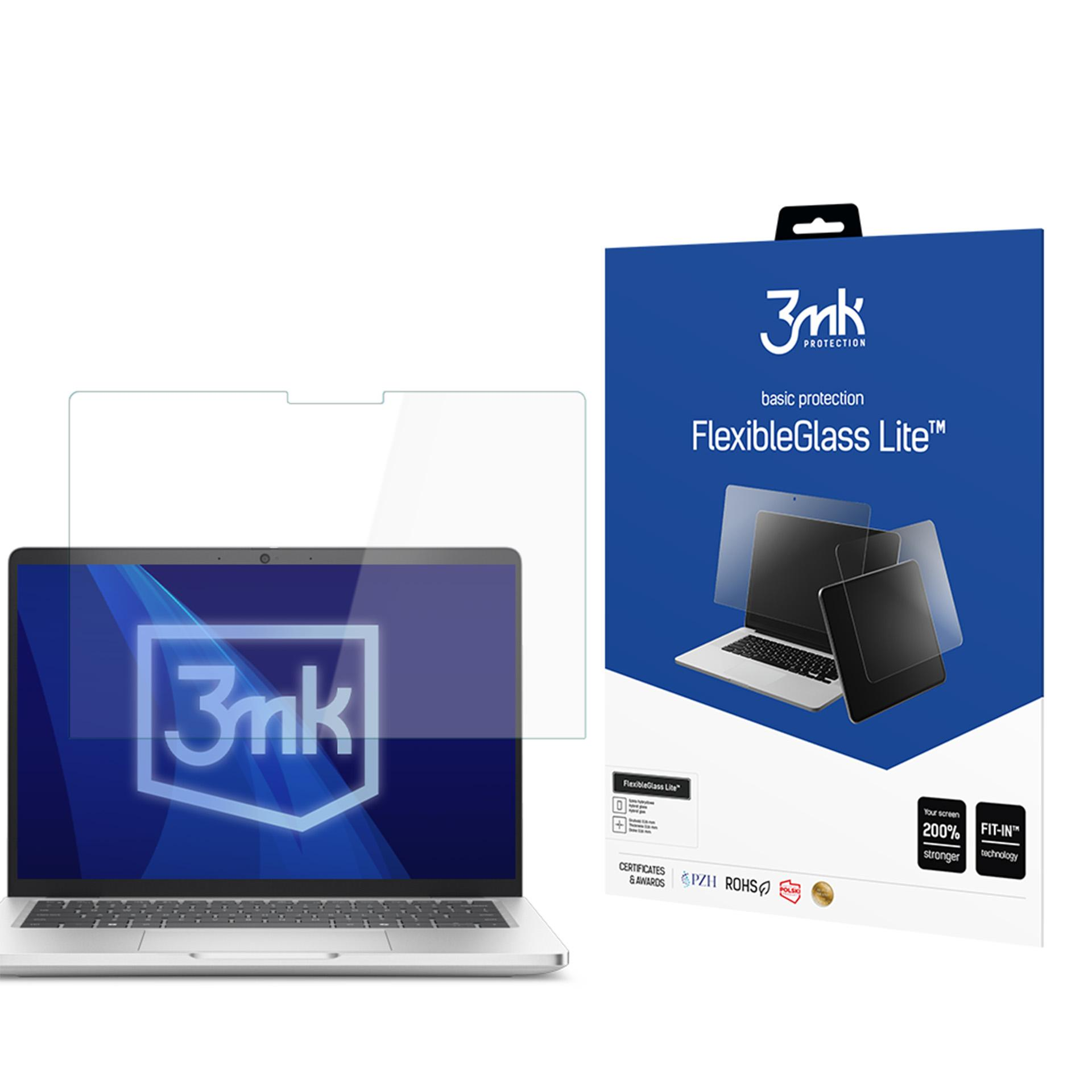 Ochraniacz ekranu laptopa i opakowanie pokazują cechy produktu, takie jak o 200% mocniejsza technologia dopasowania i podstawowa ochrona.