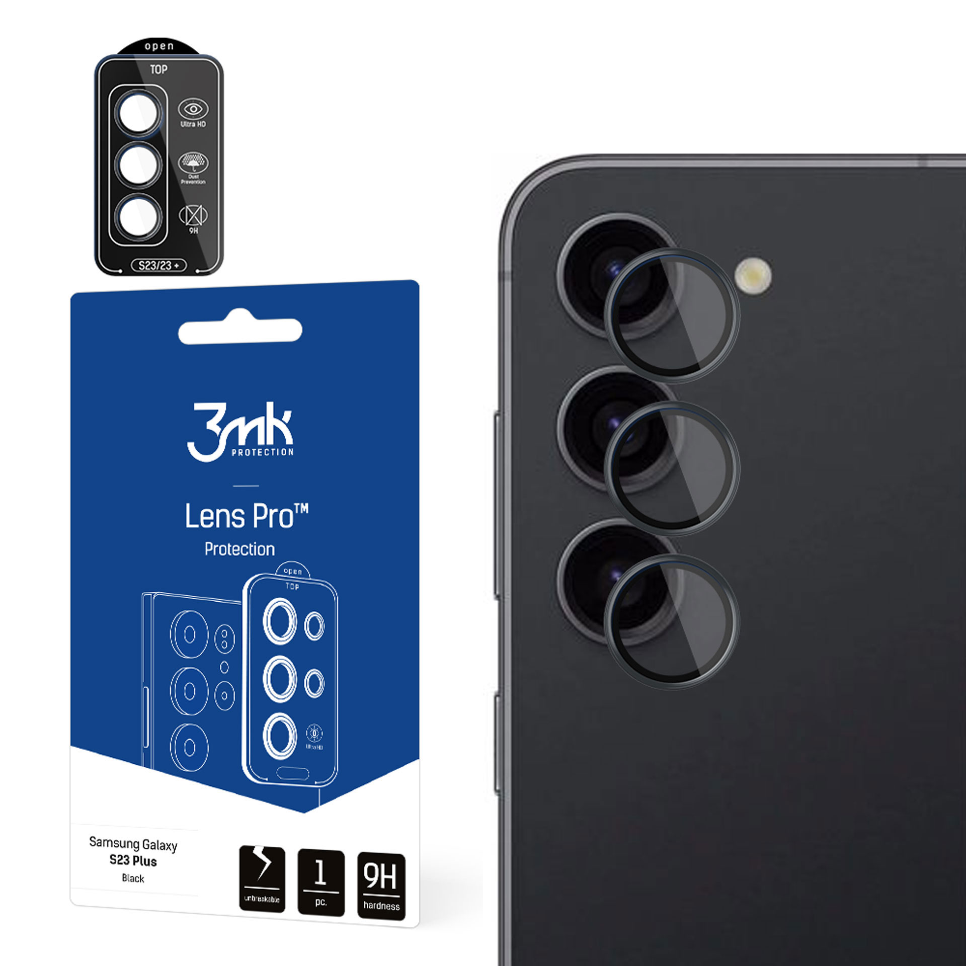 Opakowanie pokazuje osłonę obiektywu do Samsunga Galaxy S23 Plus. Podkreśla cechy nietłukące się, 1 sztuka i twardość 9H.
