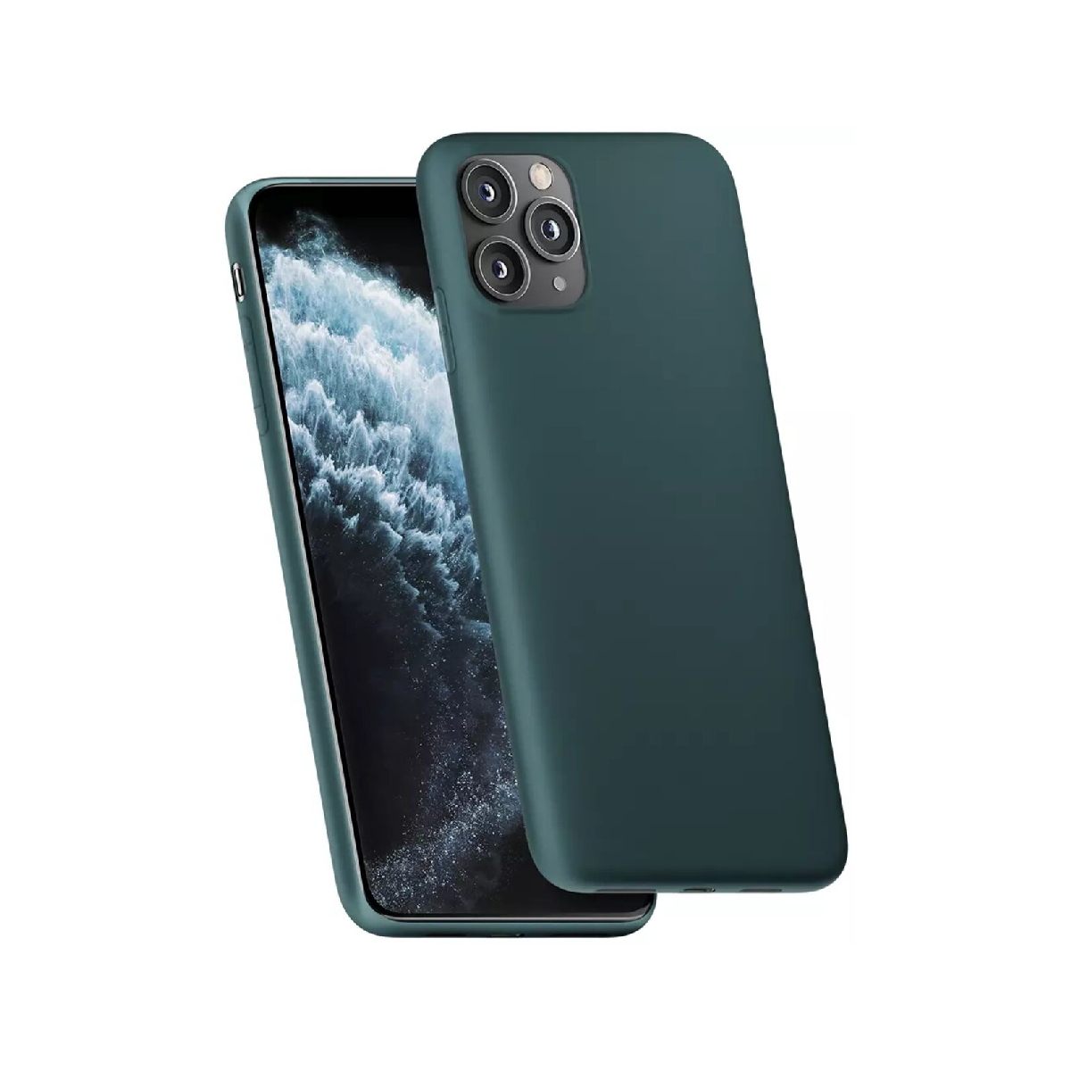 Widać ciemnozielone etui na telefon z ekranem wyświetlającym niebiesko-biały wzór fal.