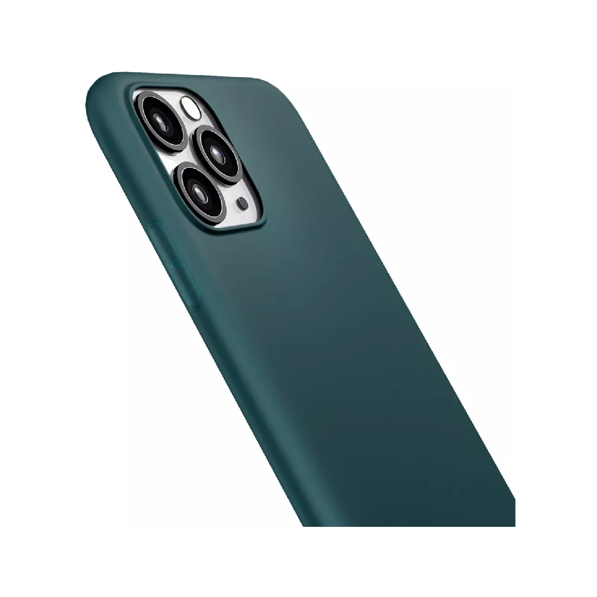 Widać ciemnozielone etui na telefon ustawione pod kątem na białym tle, z wyróżnionymi obiektywami aparatu.