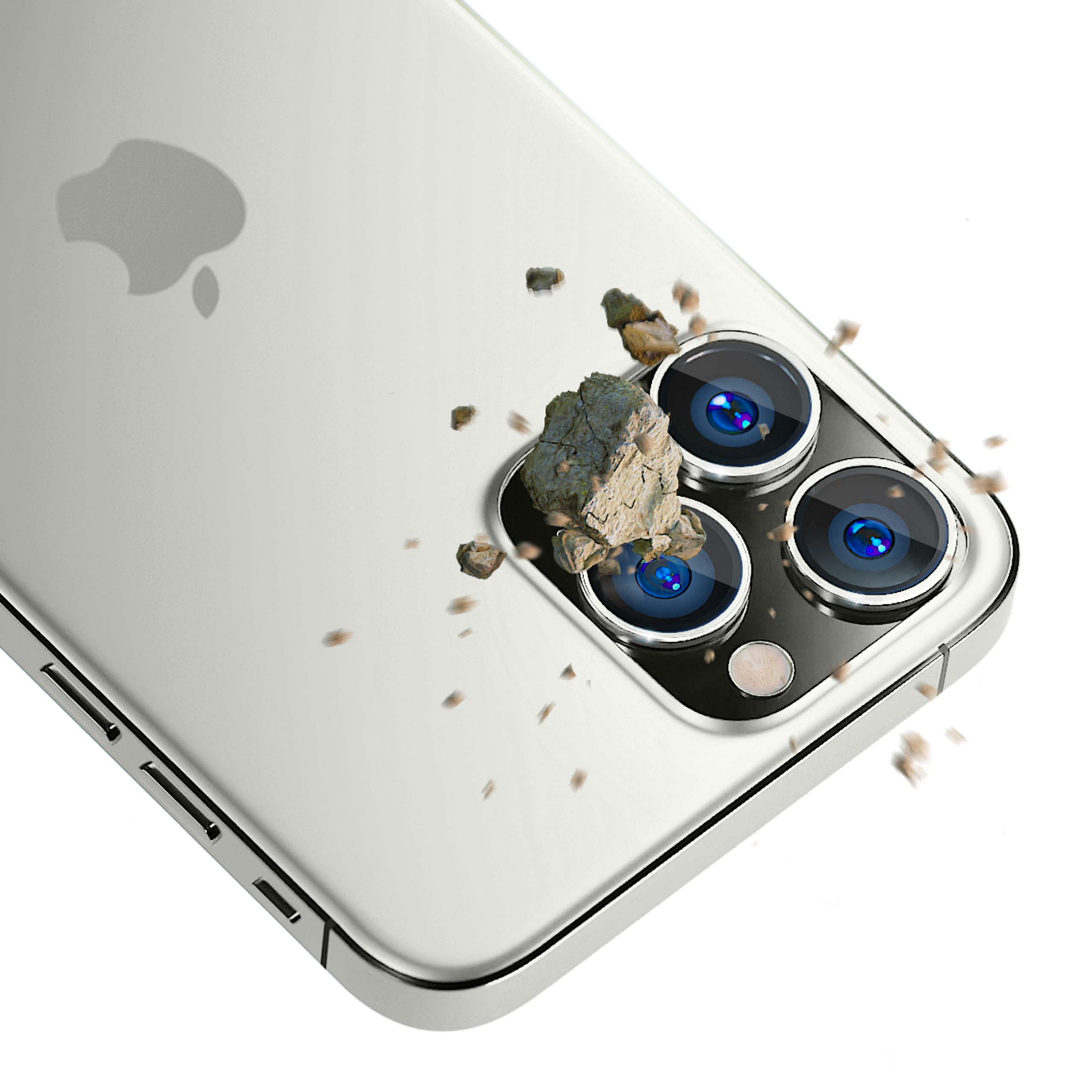 Una protezione per l'obiettivo della fotocamera del telefono viene testata con delle rocce che cadono su di essa, il logo Apple è visibile.