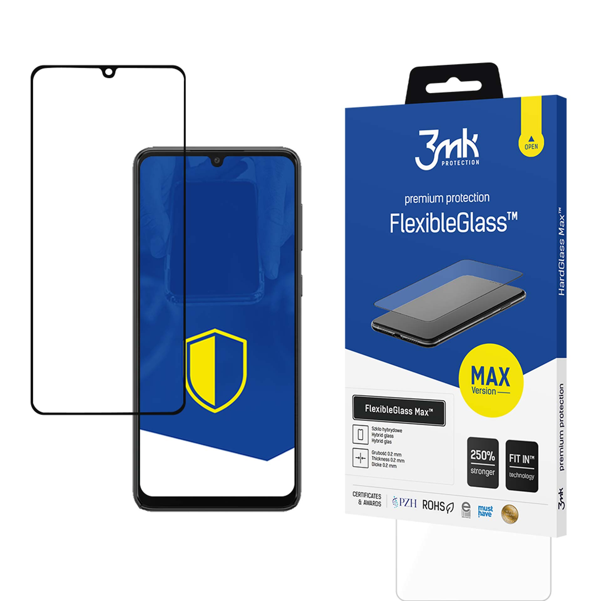 Proteggi schermo e confezione per smartphone. Lo smartphone mostra uno scudo giallo.