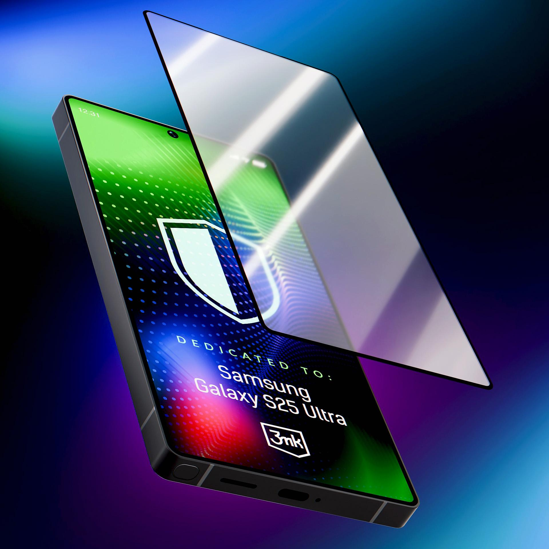Samsung Galaxy S25 Ultra z folią ochronną i szkłem ochronnym. Na ekranie widnieje wzór tarczy.