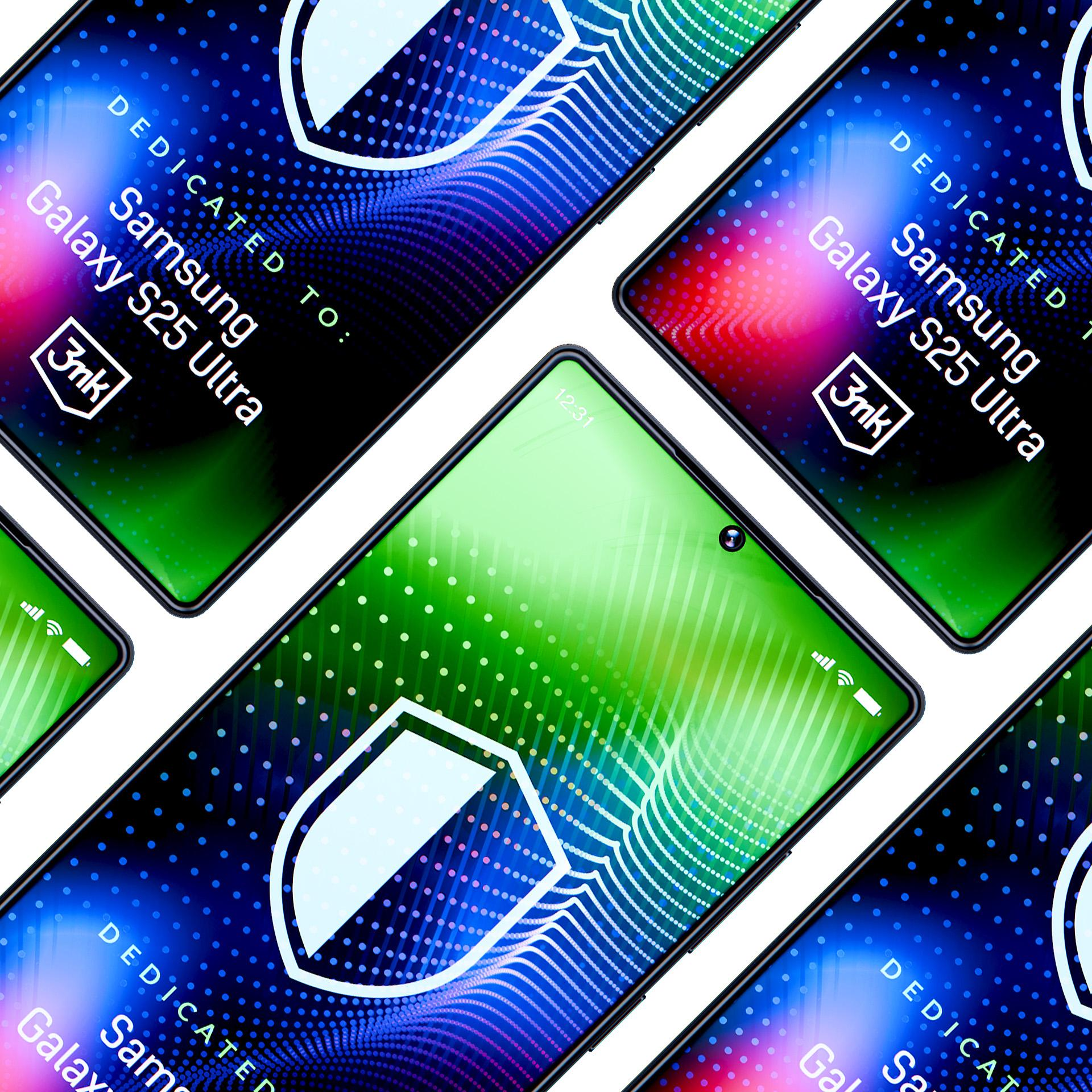 Wiele telefonów Samsung Galaxy S25 Ultra z foliami ochronnymi na ekranie. Na ekranie widnieje tarcza.