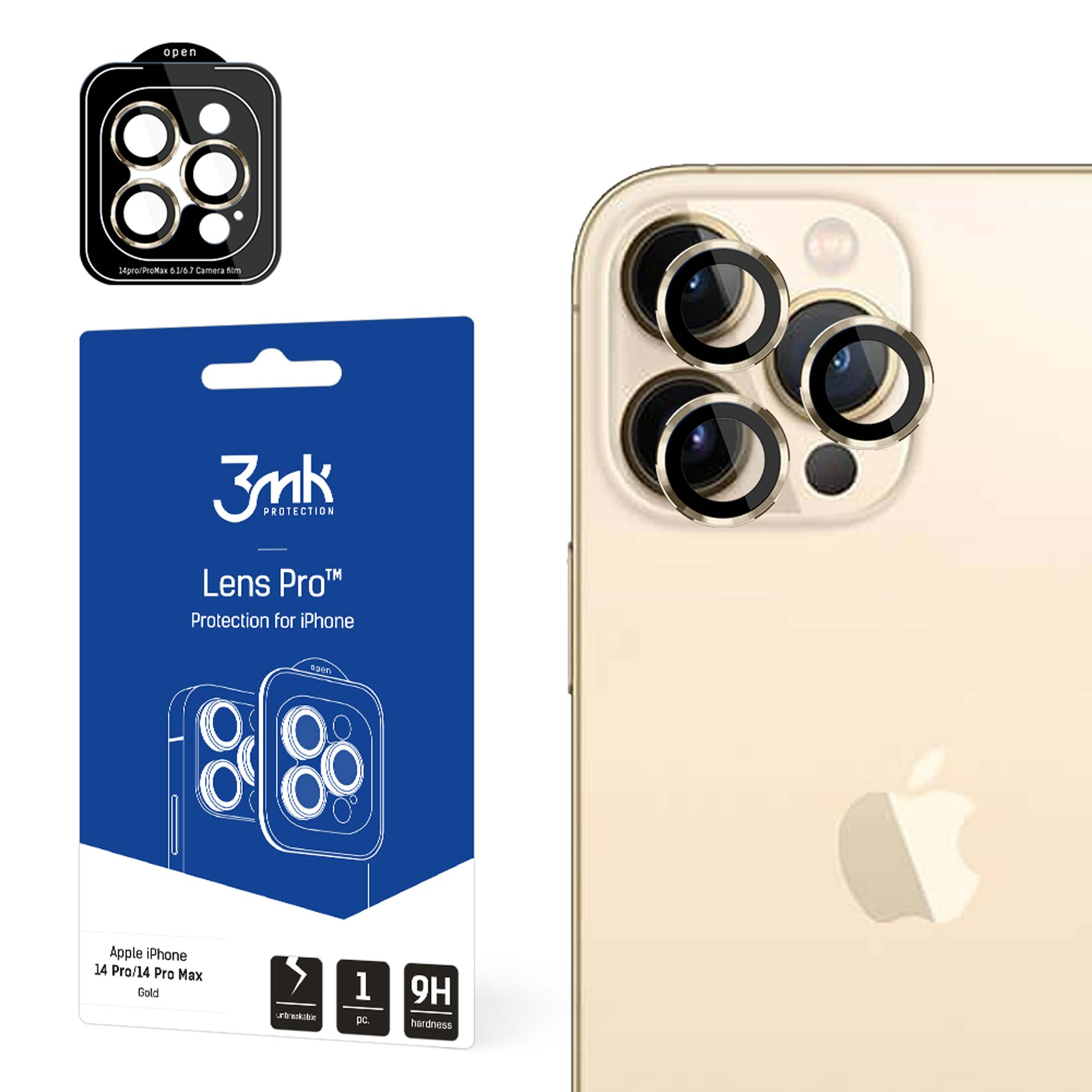 Protezioni per lenti della fotocamera di iPhone 14 Pro e confezione. Il telefono è dorato.