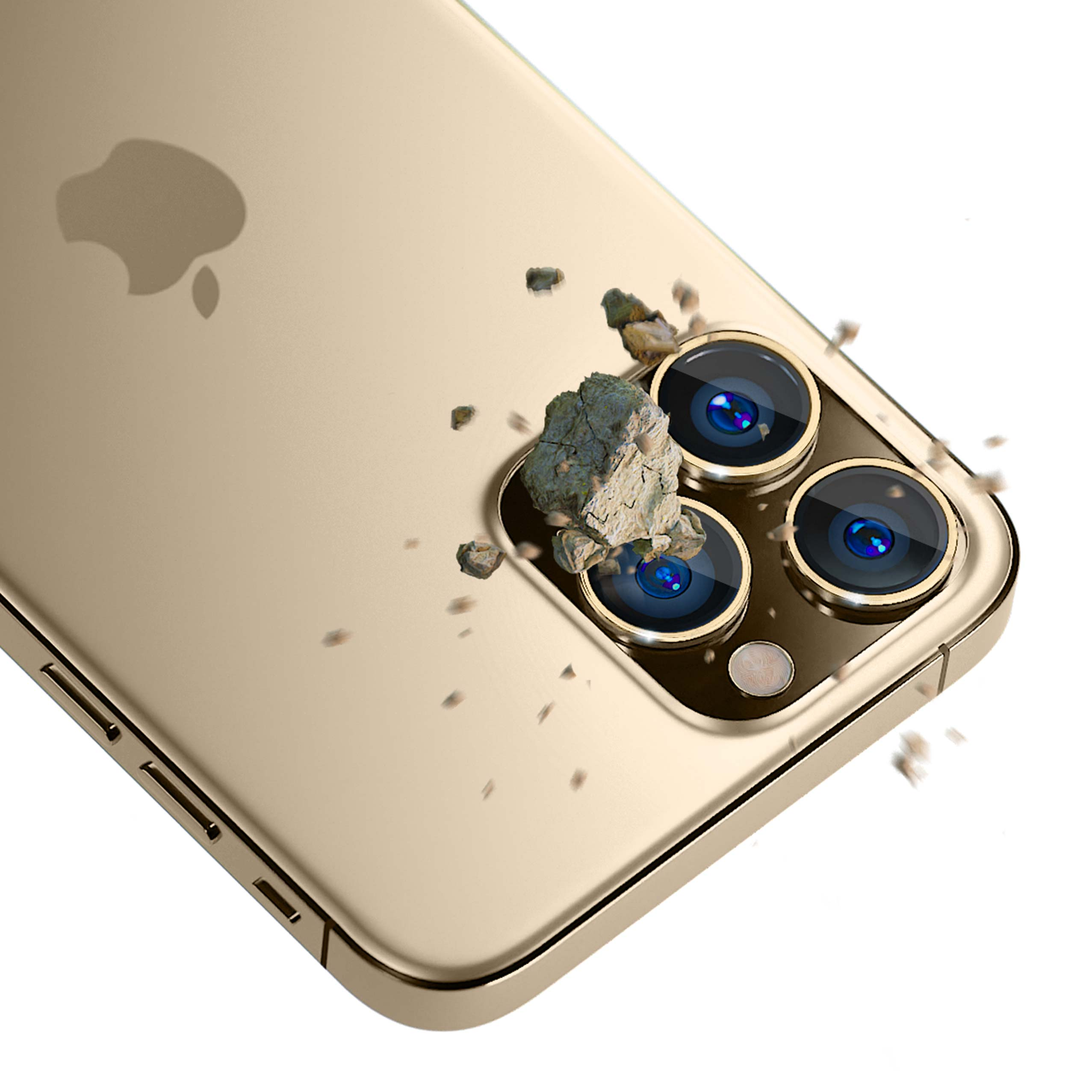 Primo piano delle protezioni per lenti della fotocamera di iPhone e delle rocce. Il telefono è dorato.