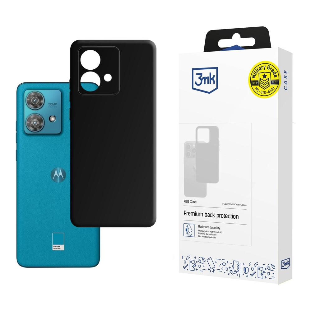 Niebieski telefon obok czarnego etui i opakowania. Etui z wycięciem na aparat. Opakowanie z napisem Matt Case.