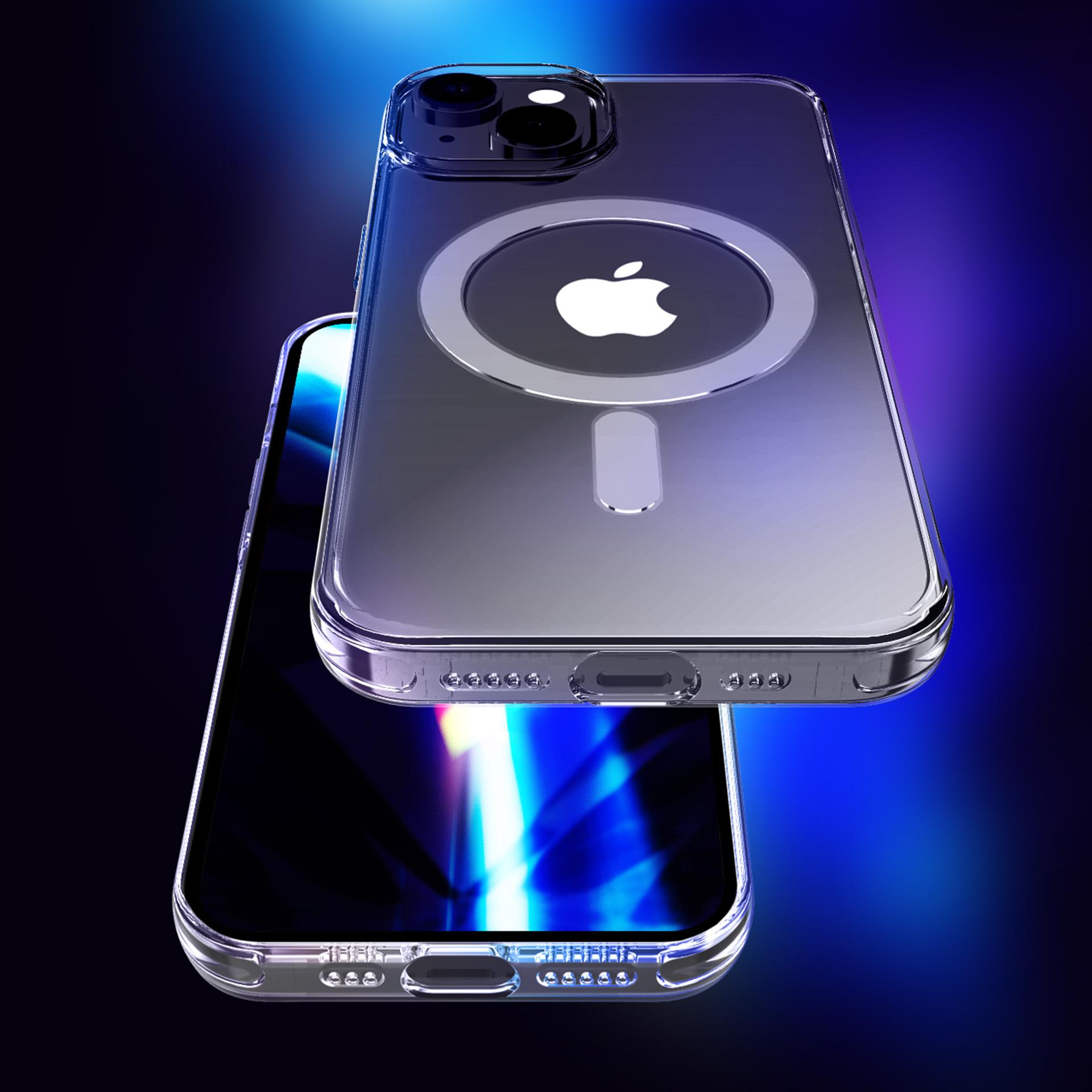 Telefon, przezroczyste etui z logo Apple. Etui ma wycięcie na aparat, telefon świeci na niebiesko.