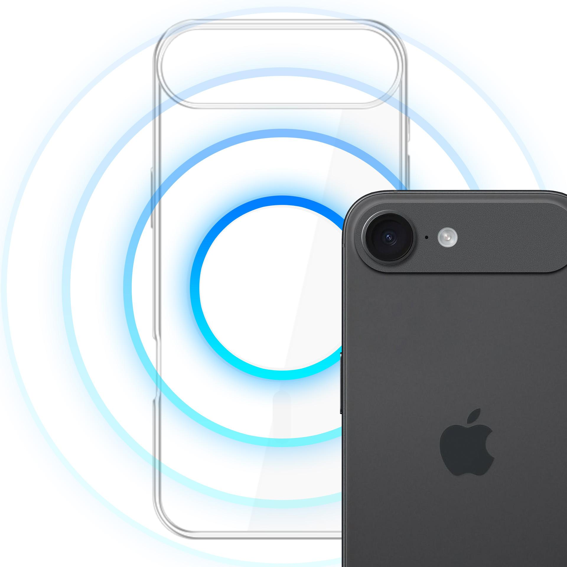 Ciemnoszary smartfon jest wyświetlany obok przezroczystego etui na telefon z niebieskim okręgiem ładowania MagSafe.