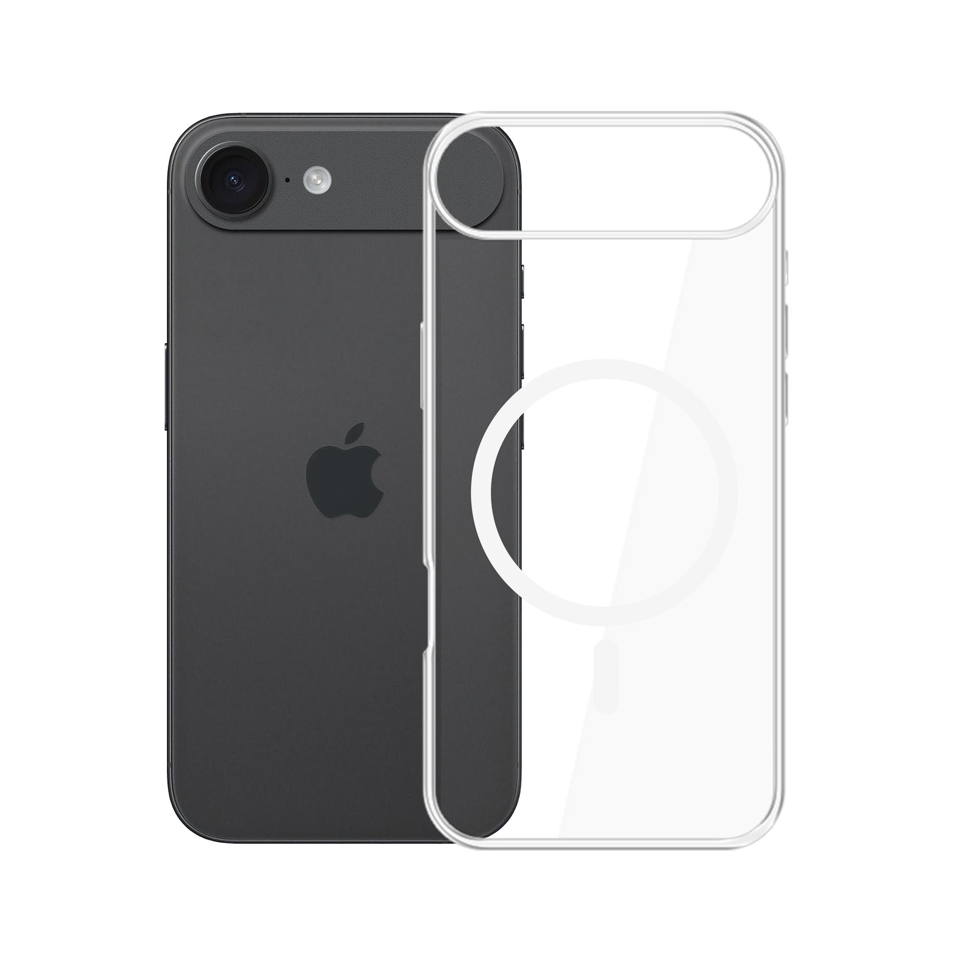 Czarny smartfon jest wyświetlany obok przezroczystego etui na telefon z okręgiem ładowania MagSafe.