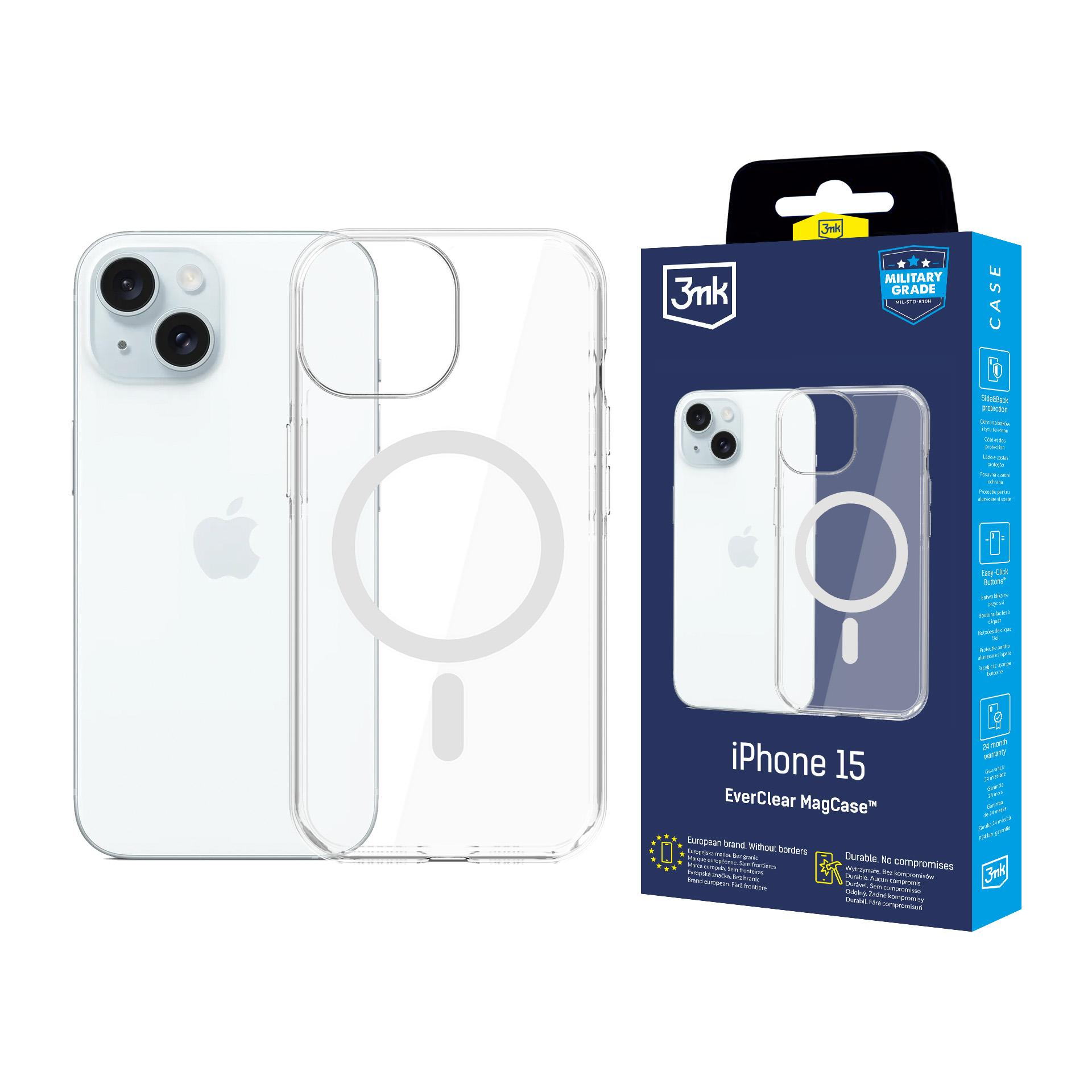 Biały telefon obok przezroczystego etui i opakowania etui.
