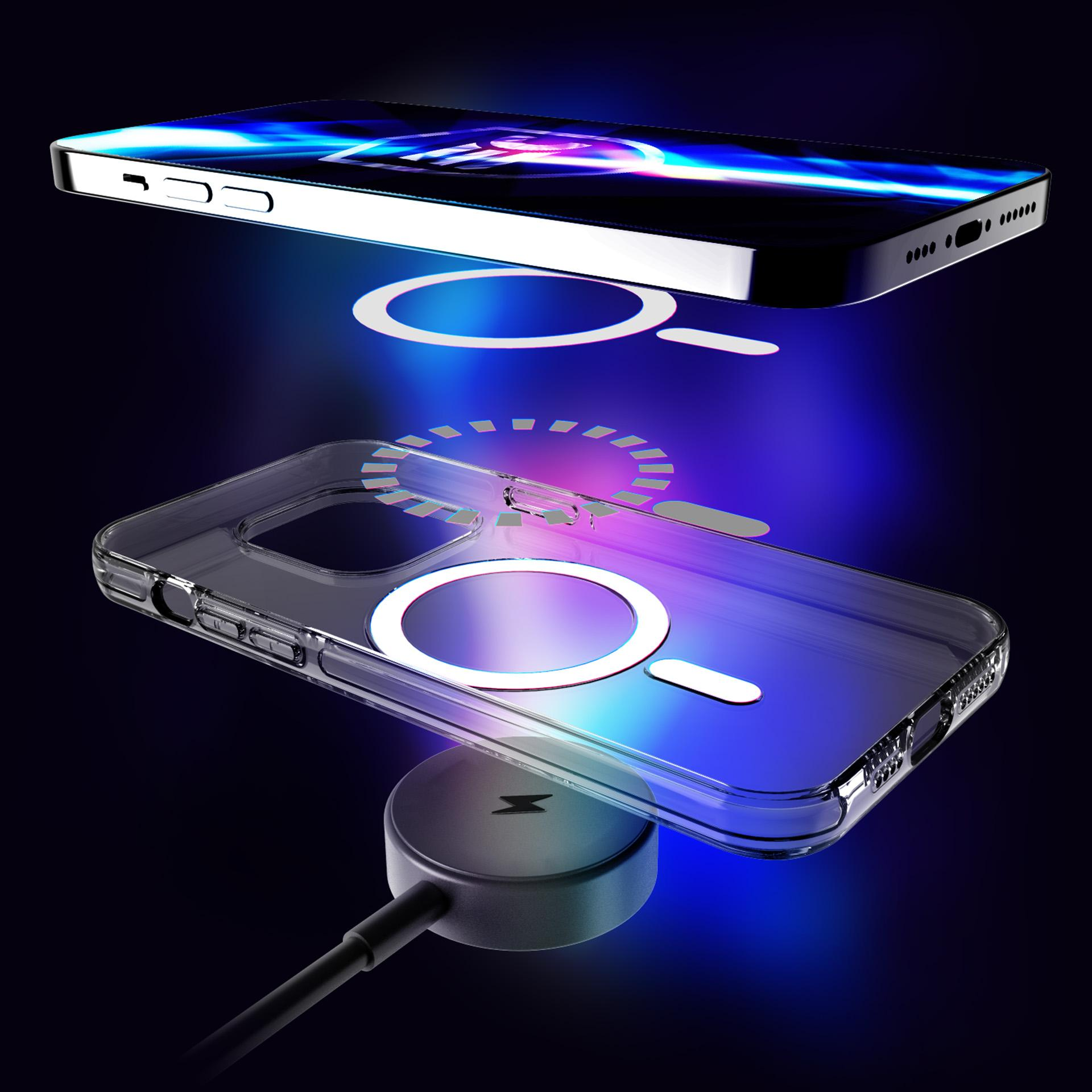 Telefon ładujący się bezprzewodowo przez przezroczyste etui na czarnym tle.
