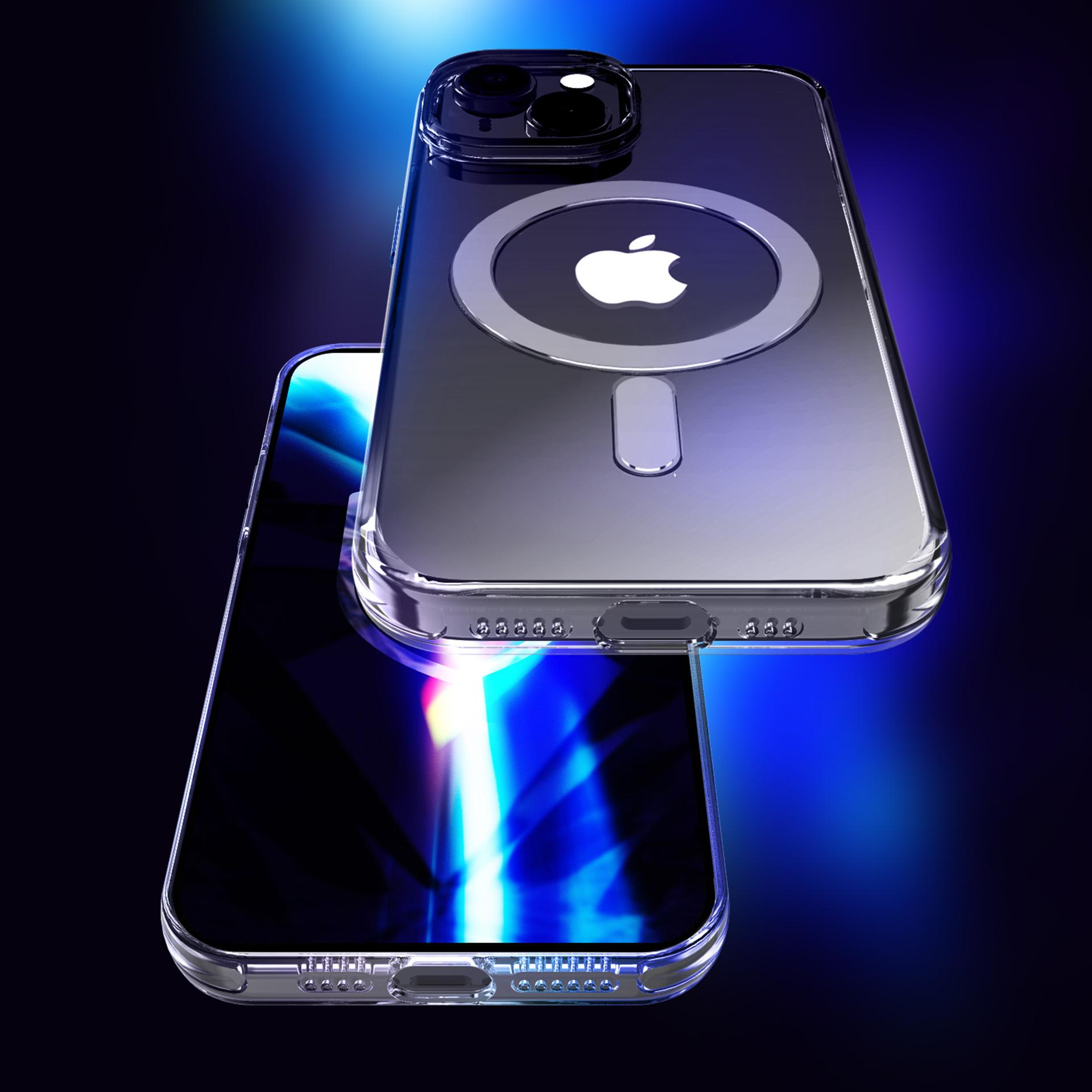 Przezroczyste etui na telefon z MagSafe jest pokazane na dwóch iPhone'ach, z jasnoniebieskim oświetleniem.