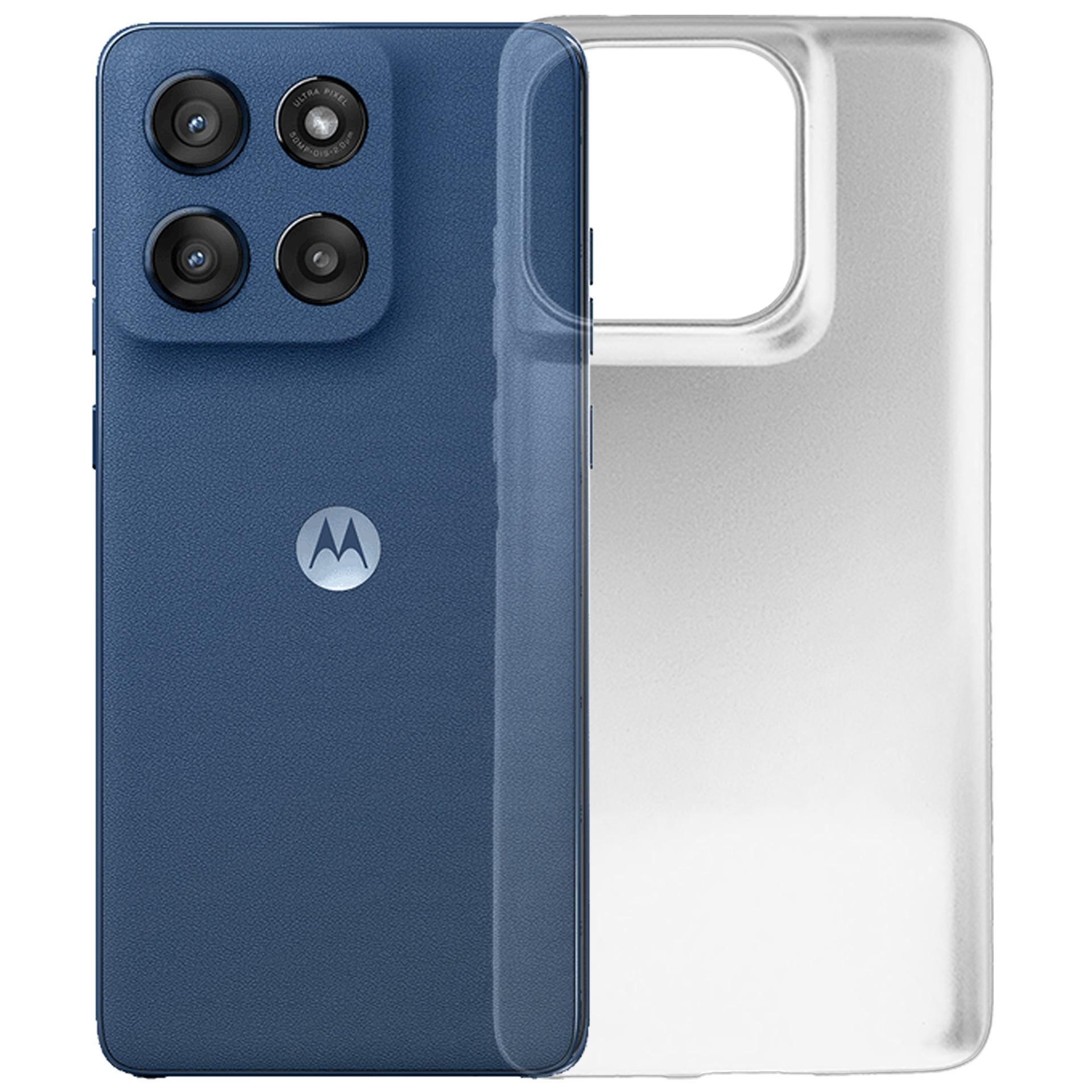 Un telefono Motorola blu con una custodia trasparente mostra la fotocamera del telefono e i dettagli del logo.