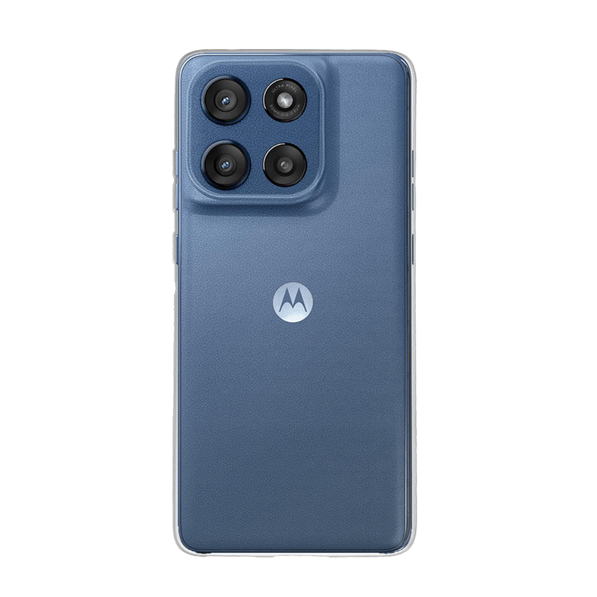 Un telefono Motorola blu in una custodia trasparente mostra i dettagli del retro del telefono e la configurazione della fotocamera.