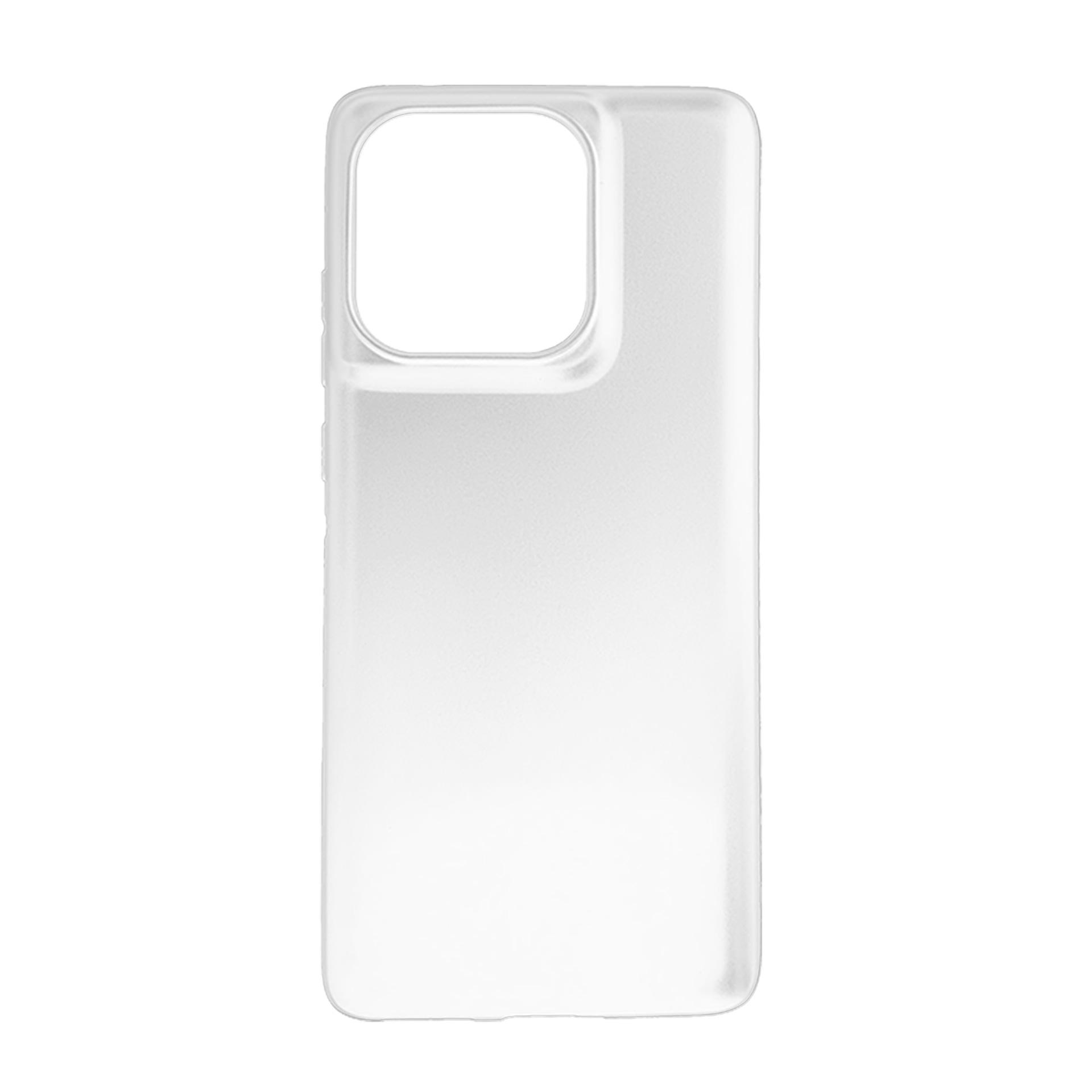 Una custodia per telefono trasparente mostra il ritaglio della fotocamera e il design complessivo su uno sfondo bianco.