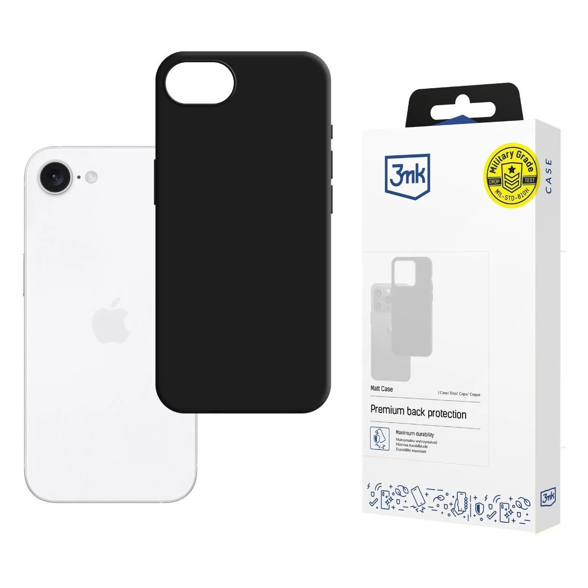 Biały telefon i czarne etui są pokazane obok pudełka. Na pudełku widnieje napis "Premium back protection".