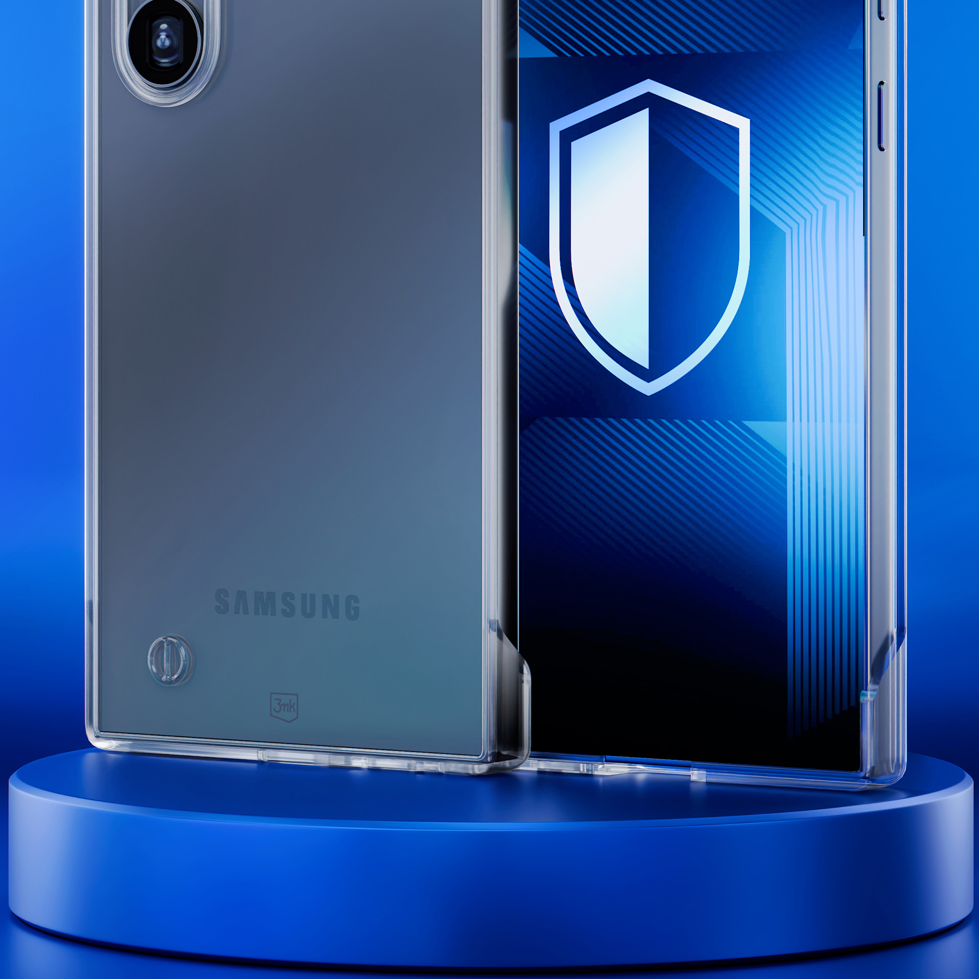 Telefon w przezroczystym etui stoi na niebieskiej platformie obok grafiki tarczy na niebieskim tle.