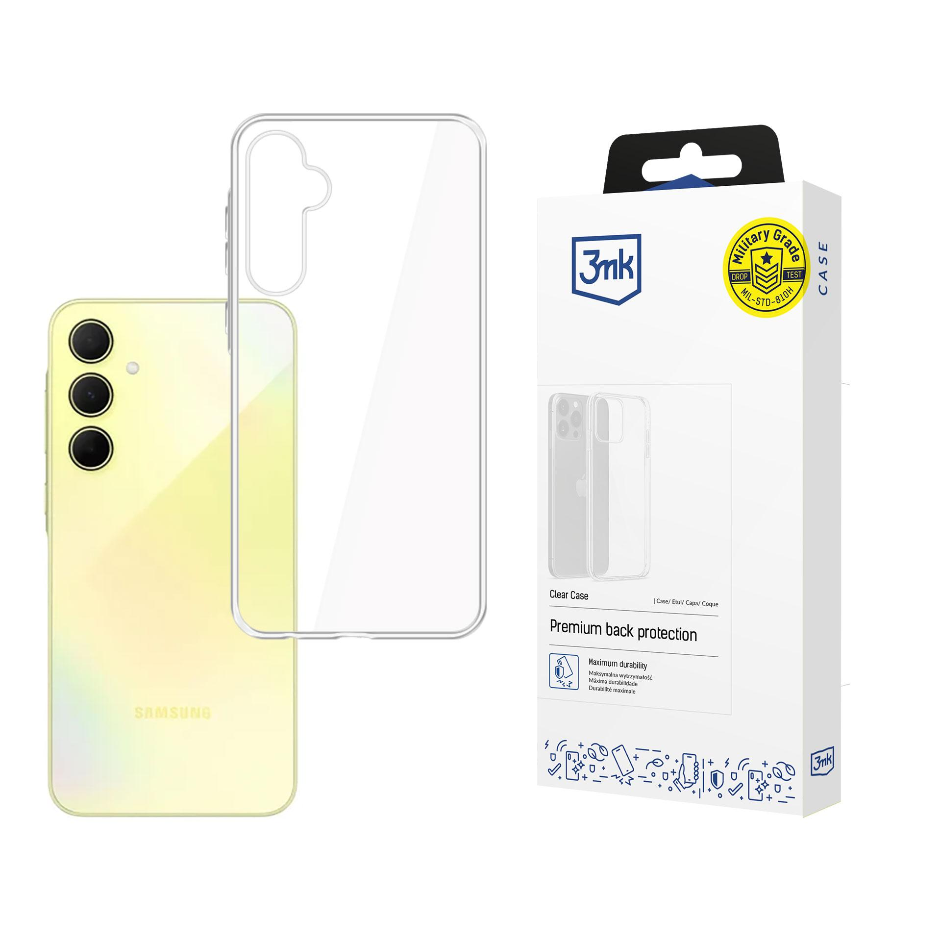 Żółty telefon Samsung z przezroczystym etui obok opakowania, z naciskiem na ochronę telefonu.