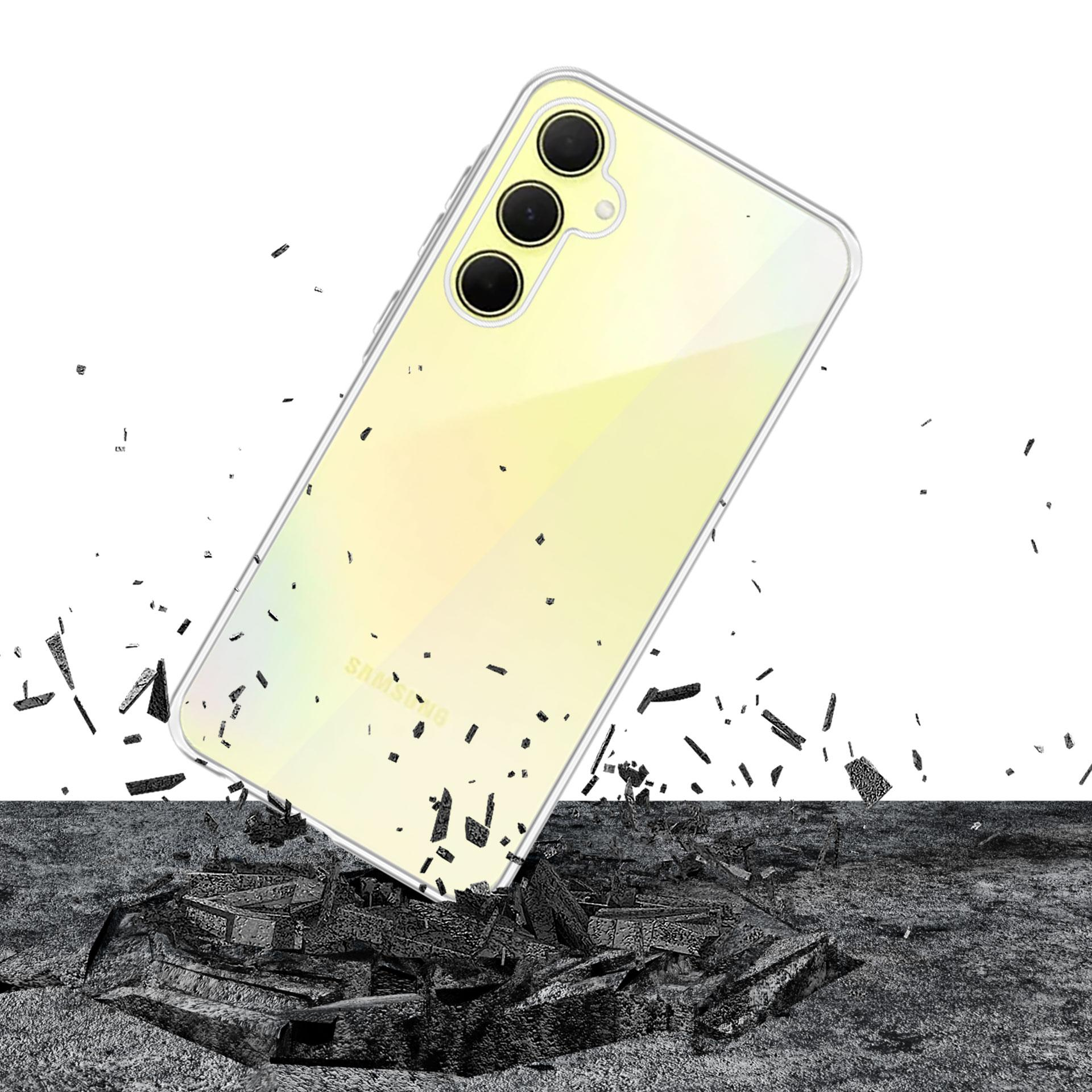 Żółty telefon Samsung w przezroczystym etui spada na stos potłuczonych kamieni, co podkreśla jego trwałość.