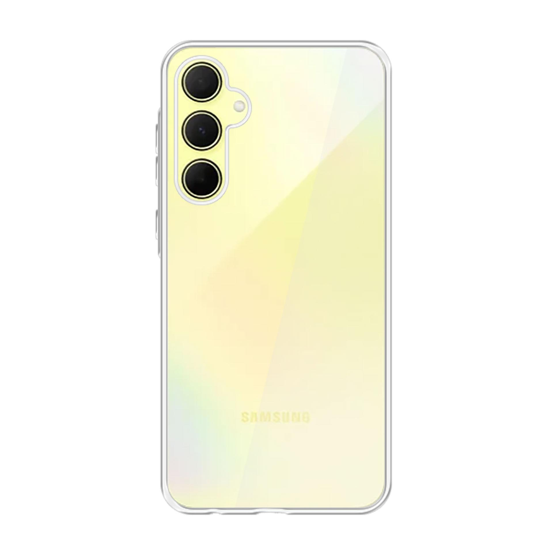 Wyświetlany jest żółty telefon Samsung w przezroczystym etui, który pokazuje konstrukcję telefonu i przezroczystą jakość etui.
